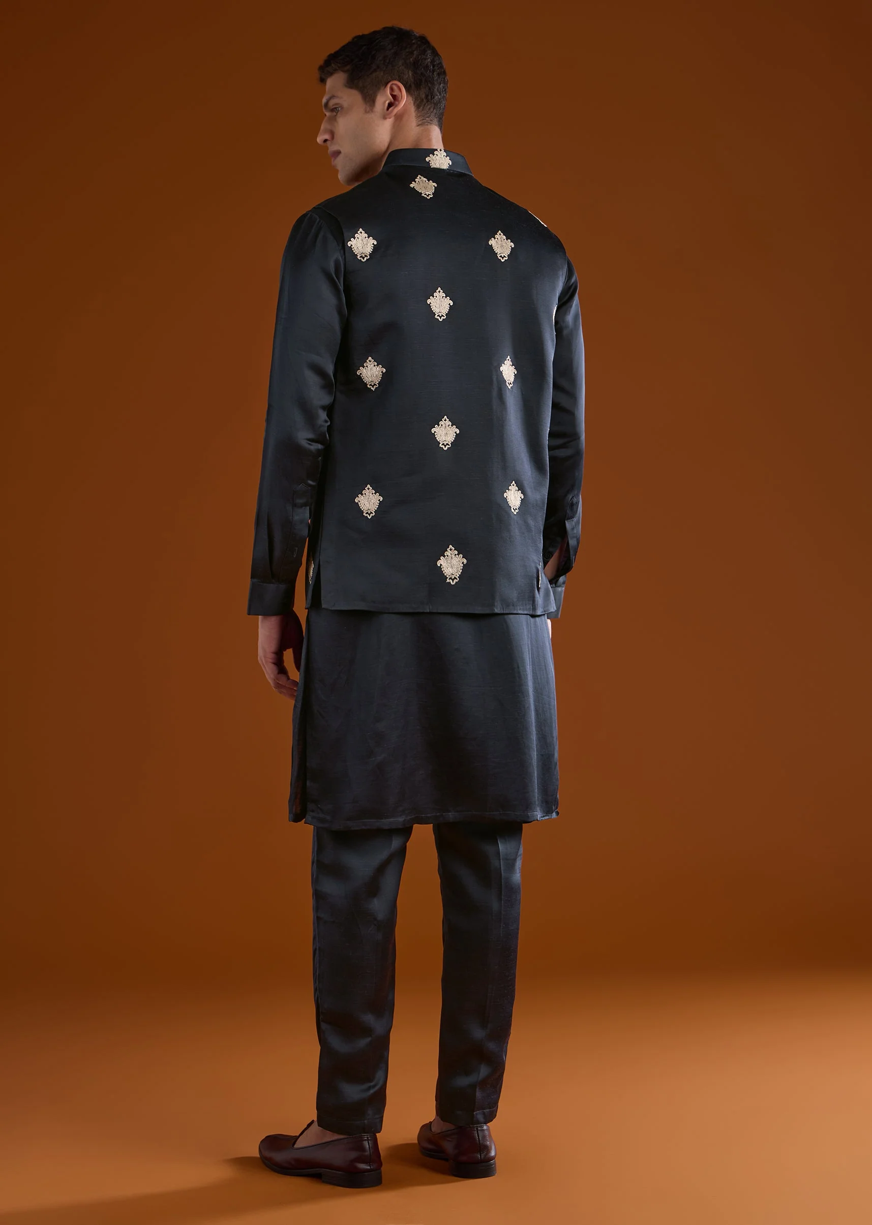Black Embroidered Silk Linen Kurta Jacket Set - Image 5