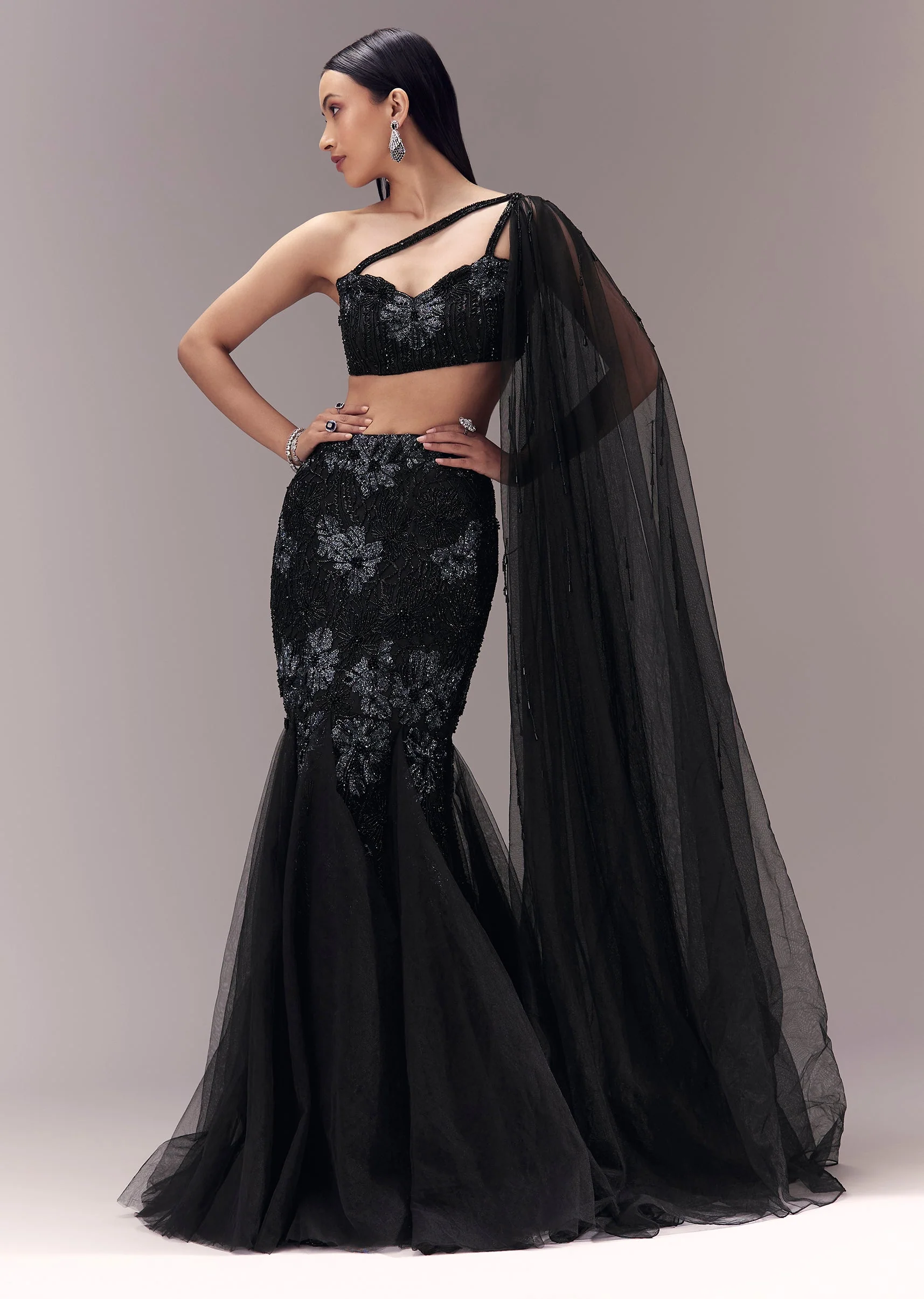 Black Fishcut Lehenga with Draped Blouse