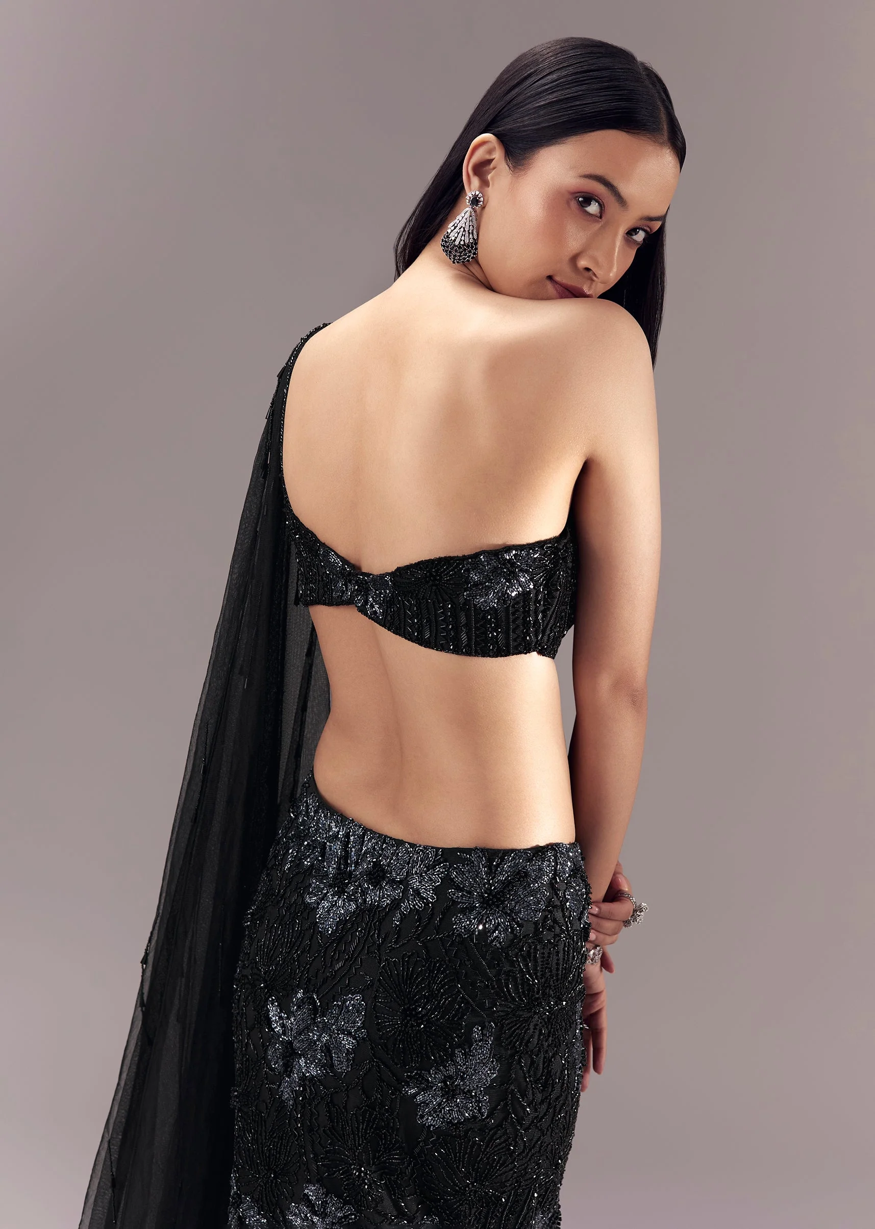 Black Fishcut Lehenga with Draped Blouse - Image 5