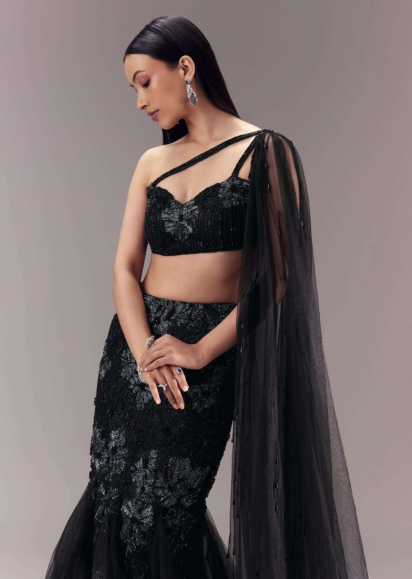 Black Fishcut Lehenga with Draped Blouse - Image 6