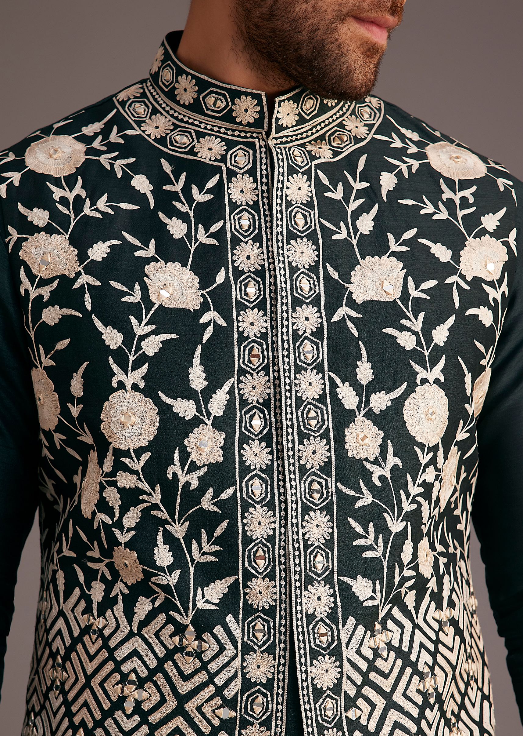 Black Floral Embroidered Jacket Kurta Set - Image 2