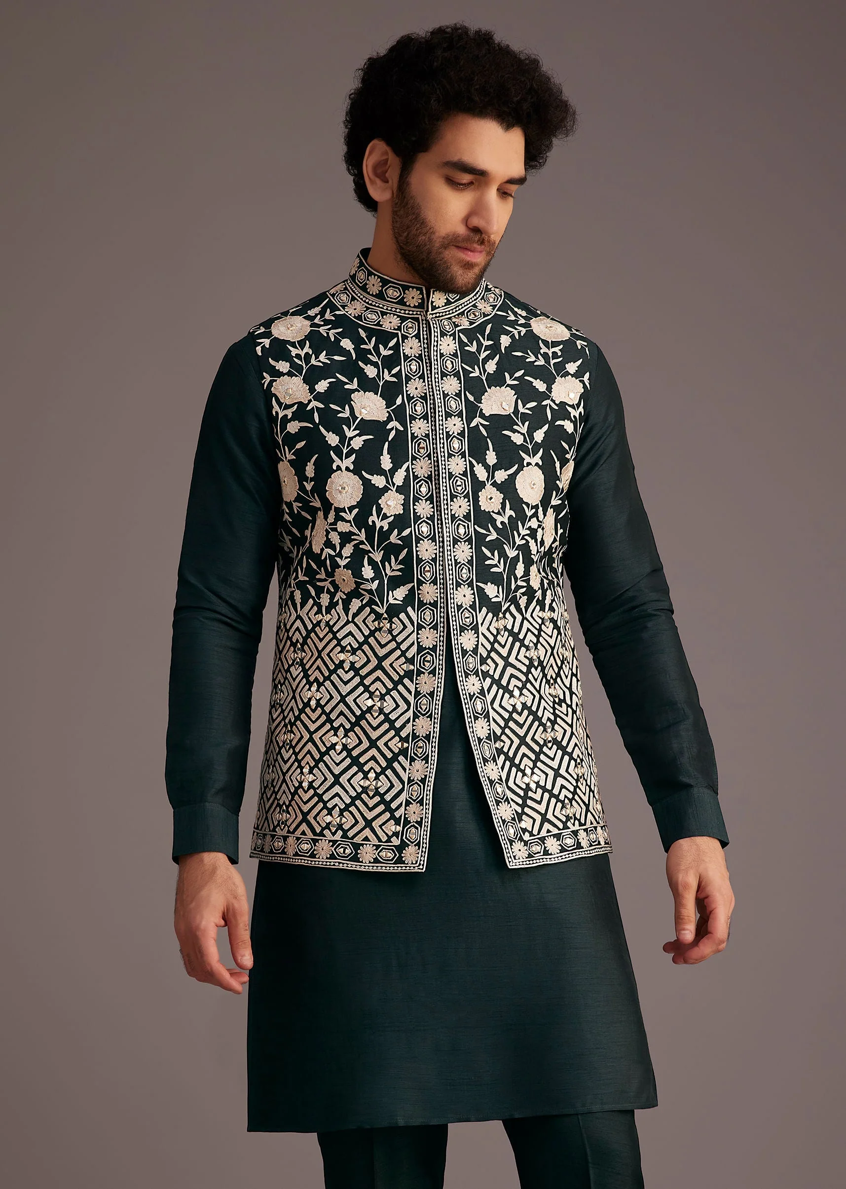 Black Floral Embroidered Jacket Kurta Set - Image 4