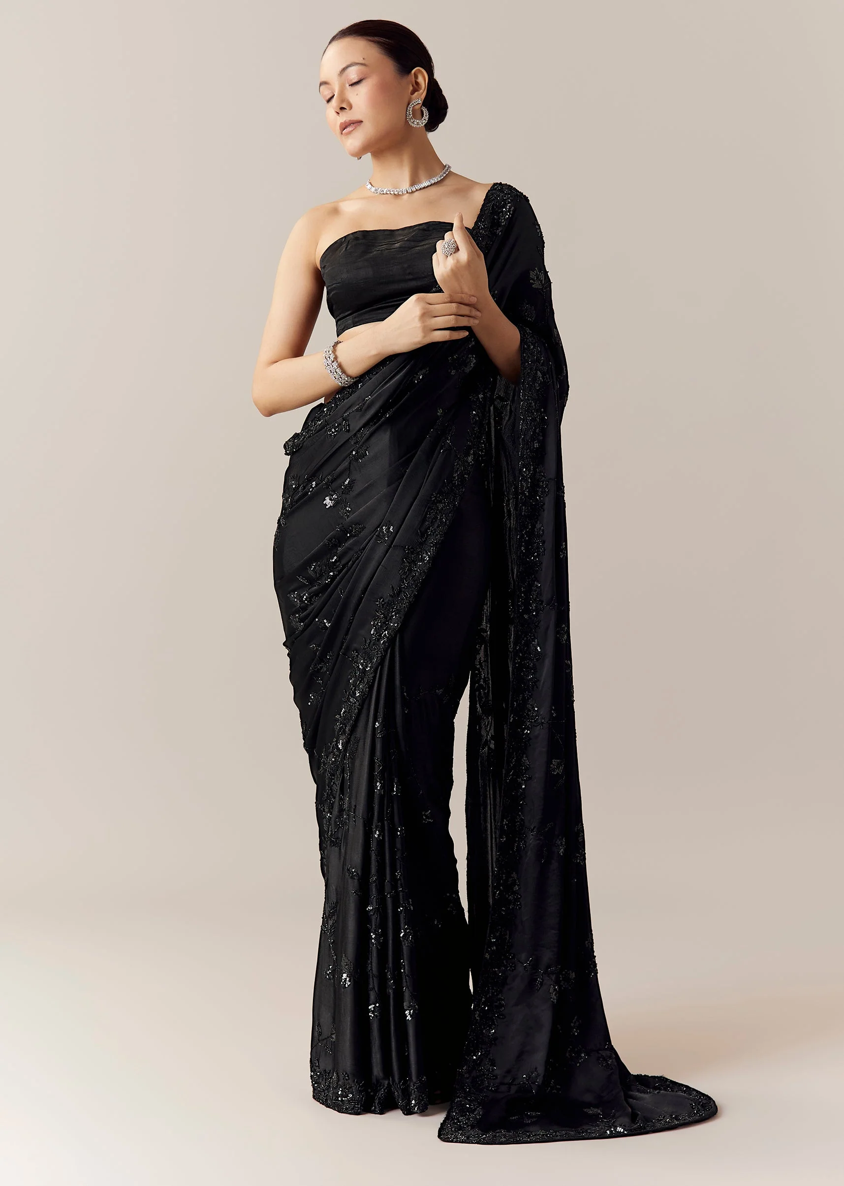 Black Floral Motif Cutdana Embellished Saree with Unstitched Blouse