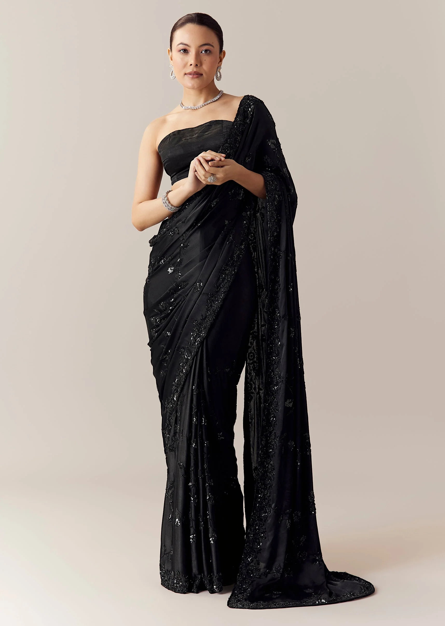 Black Floral Motif Cutdana Embellished Saree with Unstitched Blouse - Image 3
