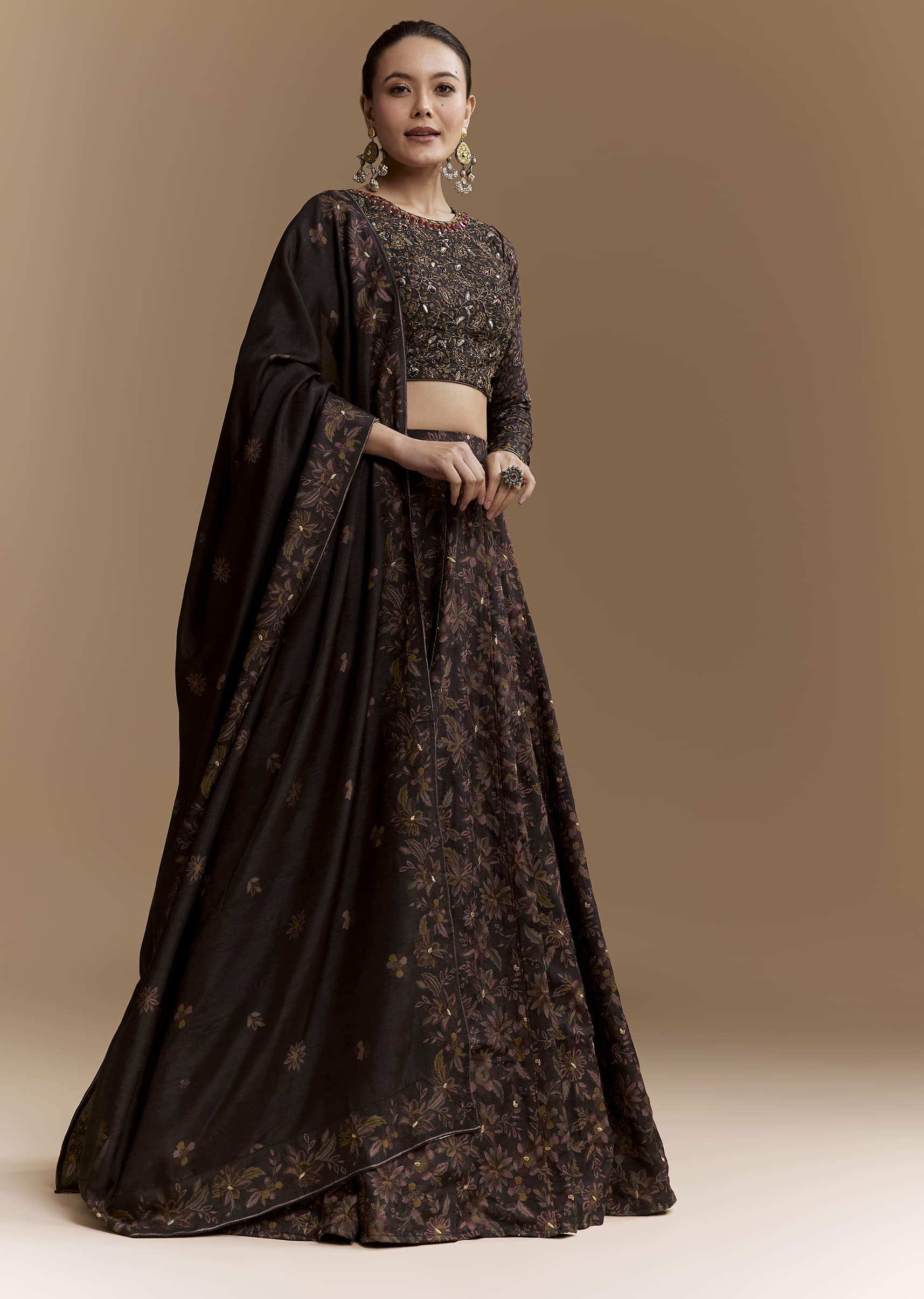Black Floral Print Silk Bridesmaids Lehenga Set with Dupatta