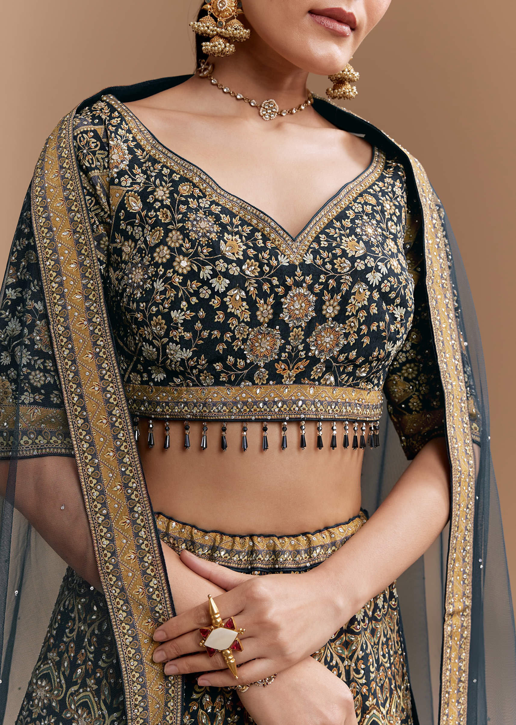 Black Floral Print Silk Lehenga Set with Dupatta - Image 3
