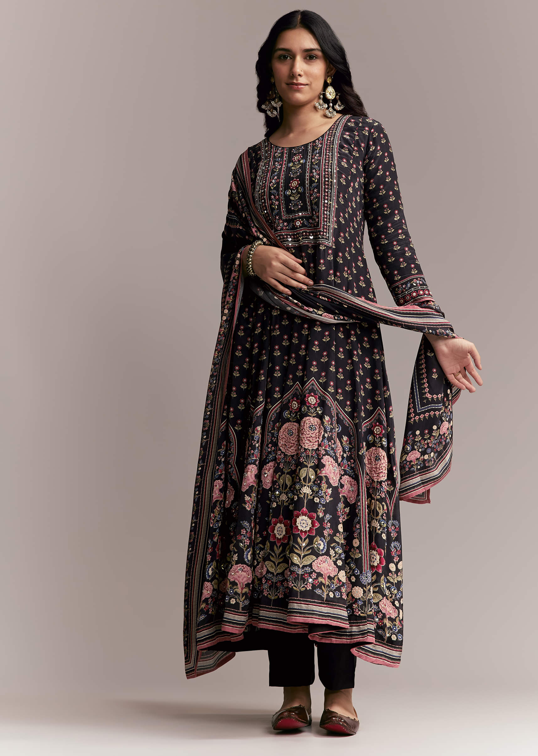 Black Floral Printed Anarkali Set - Image 7