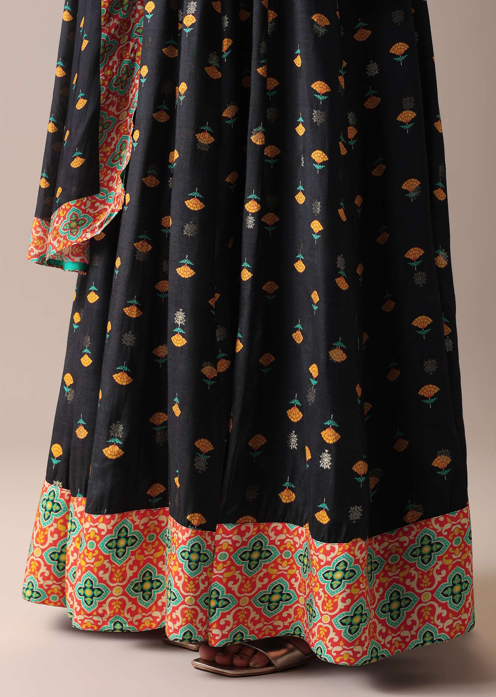 Black Floral Printed Anarkali Suit Set In Art Silk - Image 3