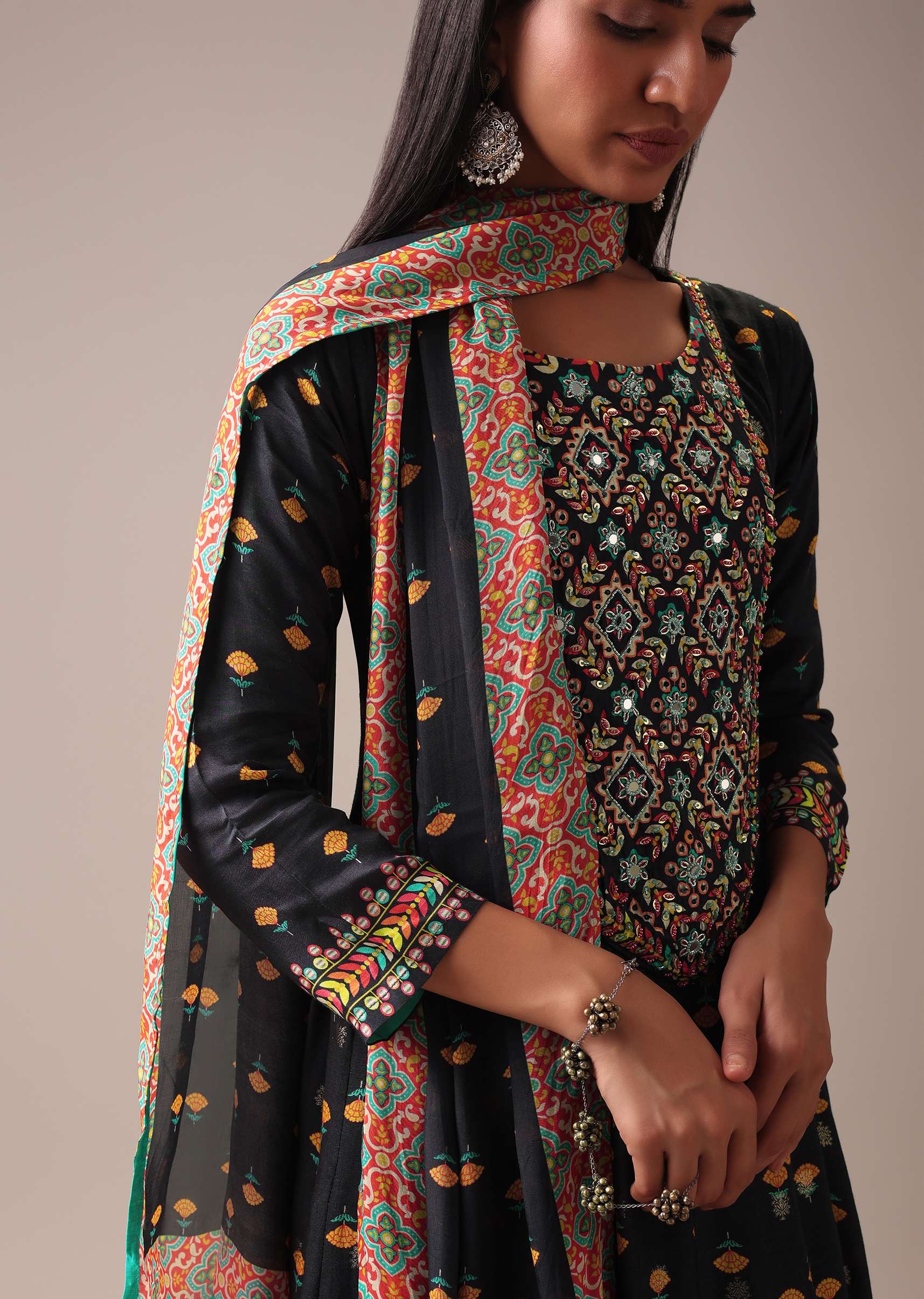 Black Floral Printed Anarkali Suit Set In Art Silk - Image 4
