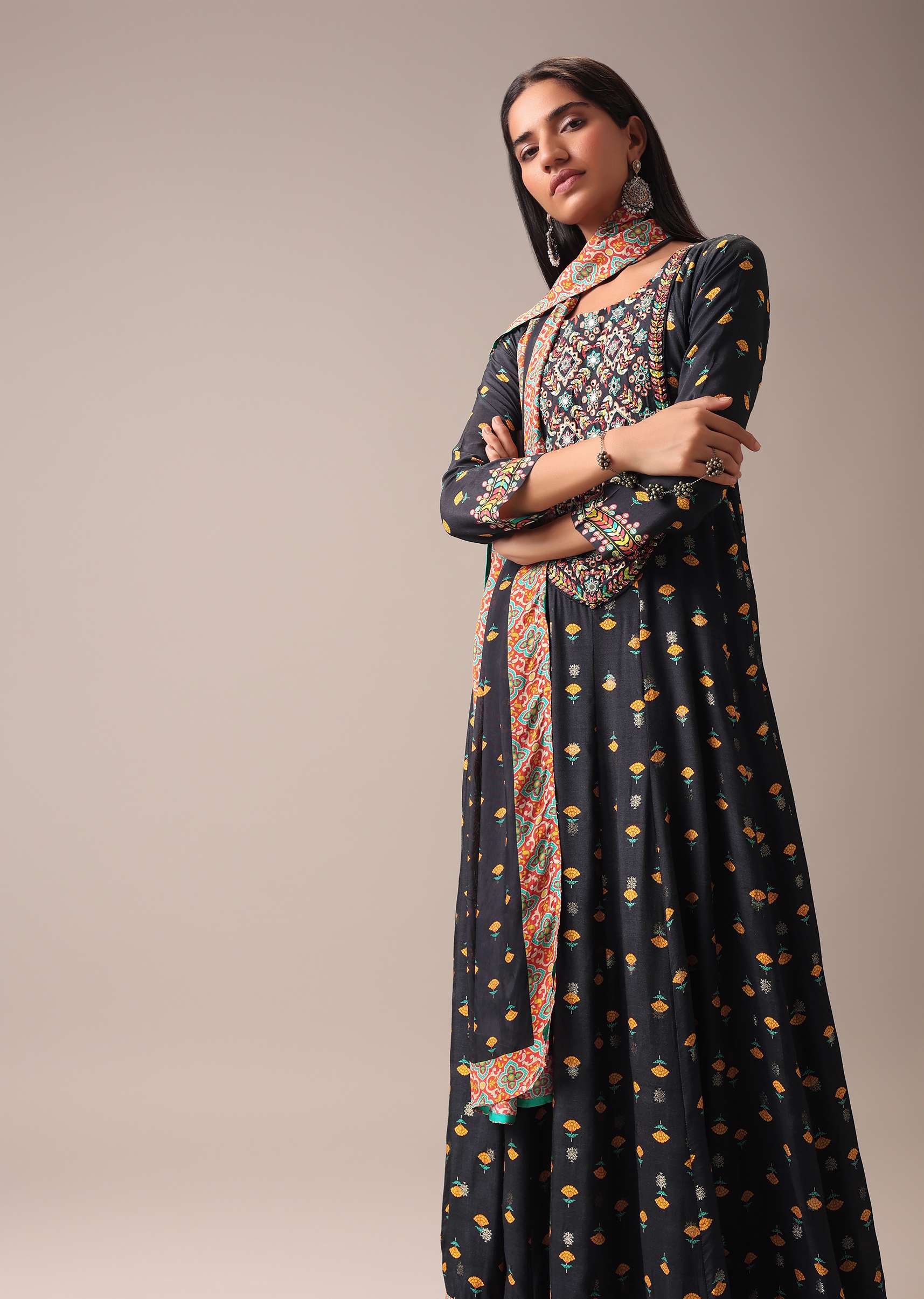 Black Floral Printed Anarkali Suit Set In Art Silk - Image 5