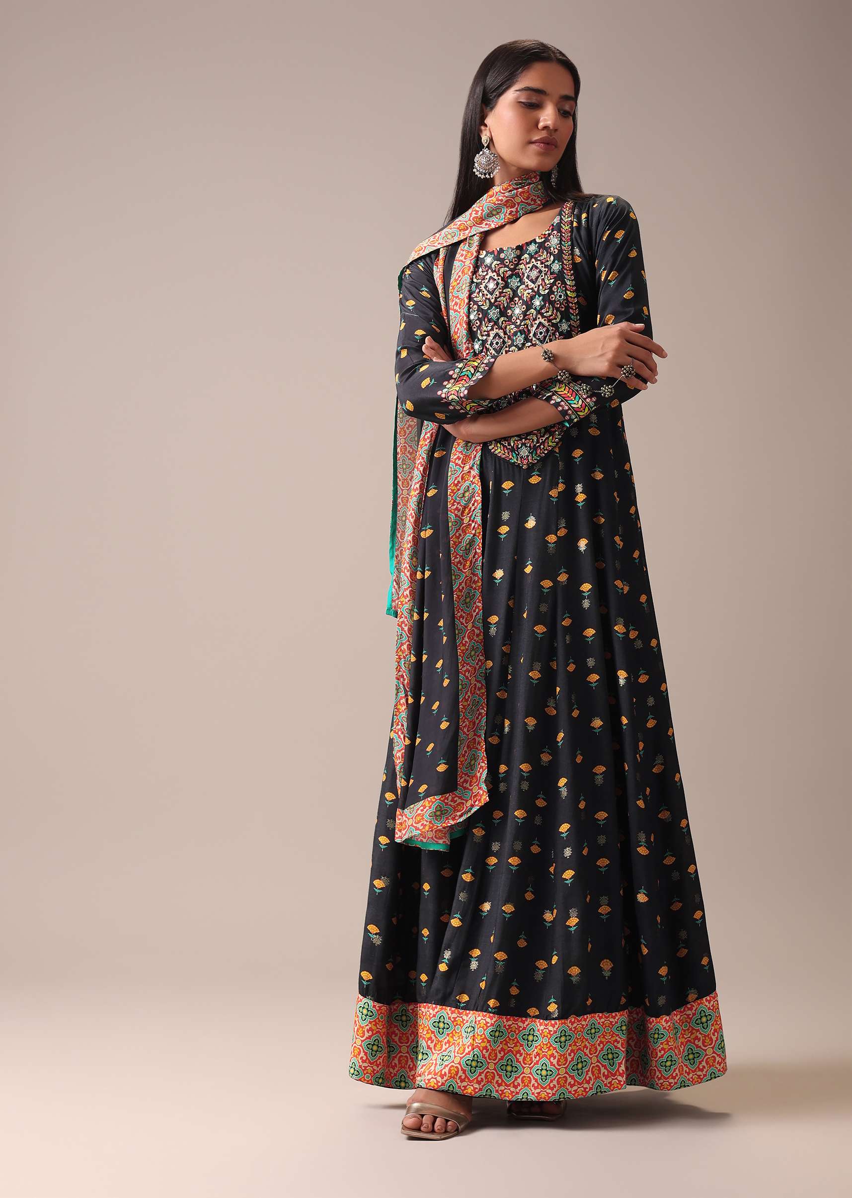 Black Floral Printed Anarkali Suit Set In Art Silk - Image 6