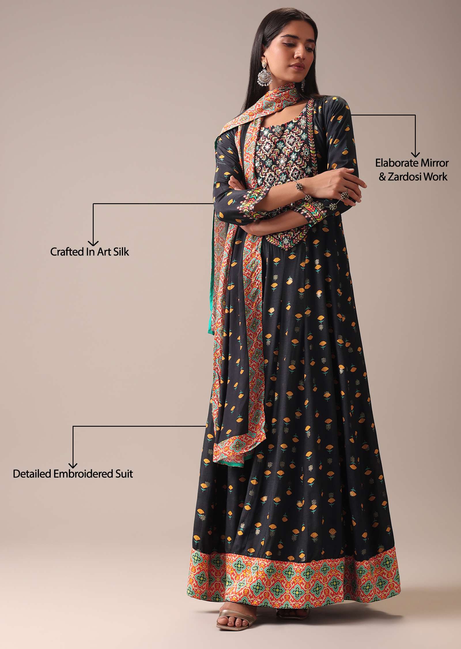 Black Floral Printed Anarkali Suit Set In Art Silk - Image 7