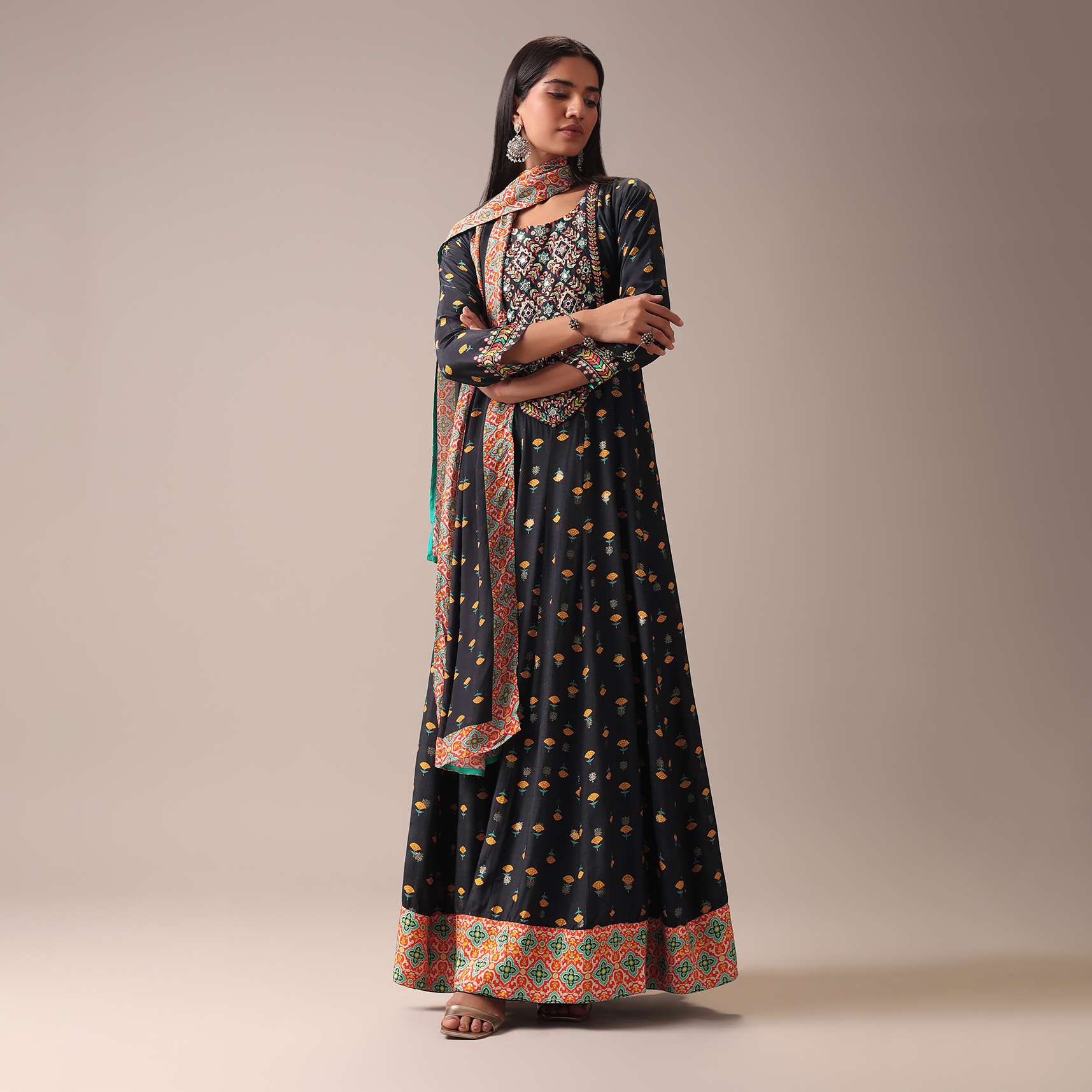 Black Floral Printed Anarkali Suit Set In Art Silk - Image 8