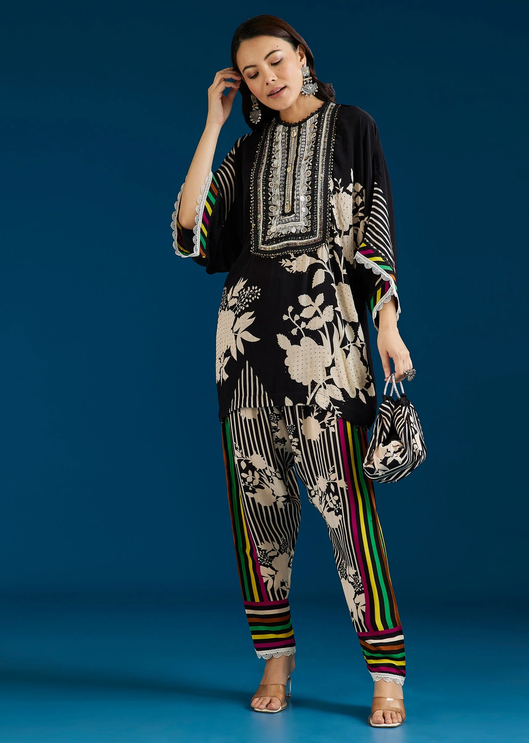 Black Floral Printed Coord Set With Farshi Pant And Potli Bag - Image 3