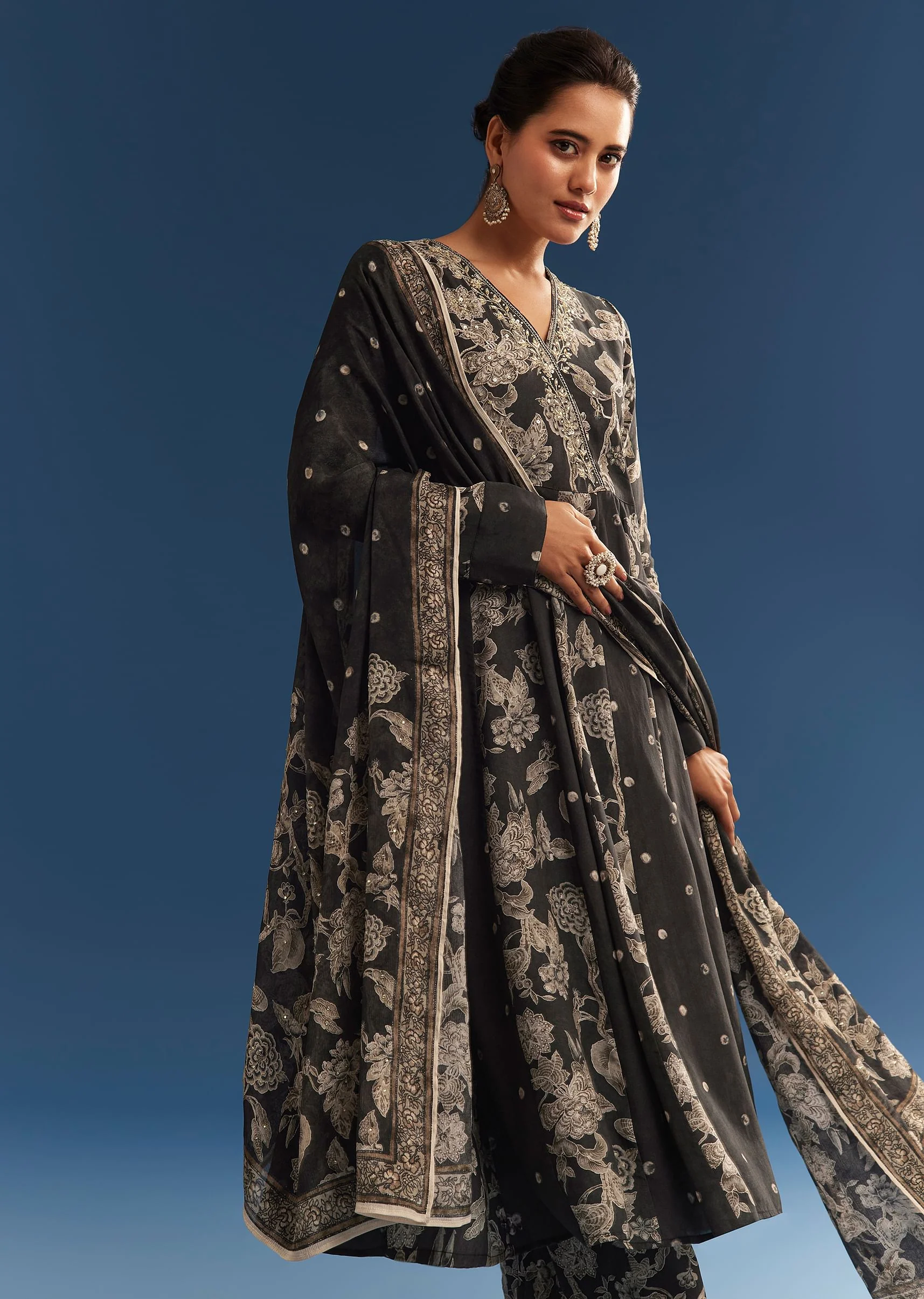 Black Floral Printed Crepe Anarkali Set With Embroidered Neckline - Image 4