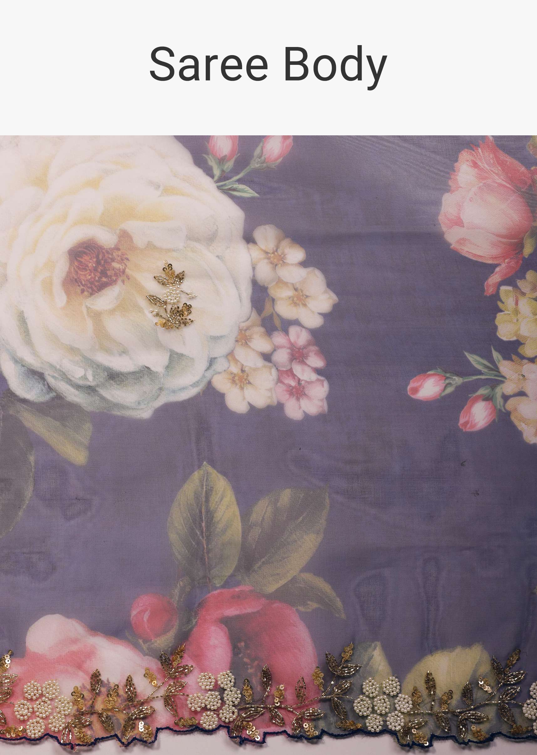 Navy blue Floral Printed Saree In Organza With Cut Dana Embroidery - Image 6