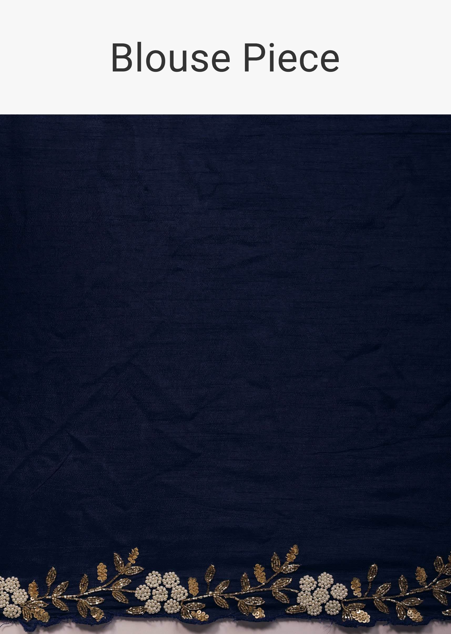 Navy blue Floral Printed Saree In Organza With Cut Dana Embroidery - Image 7