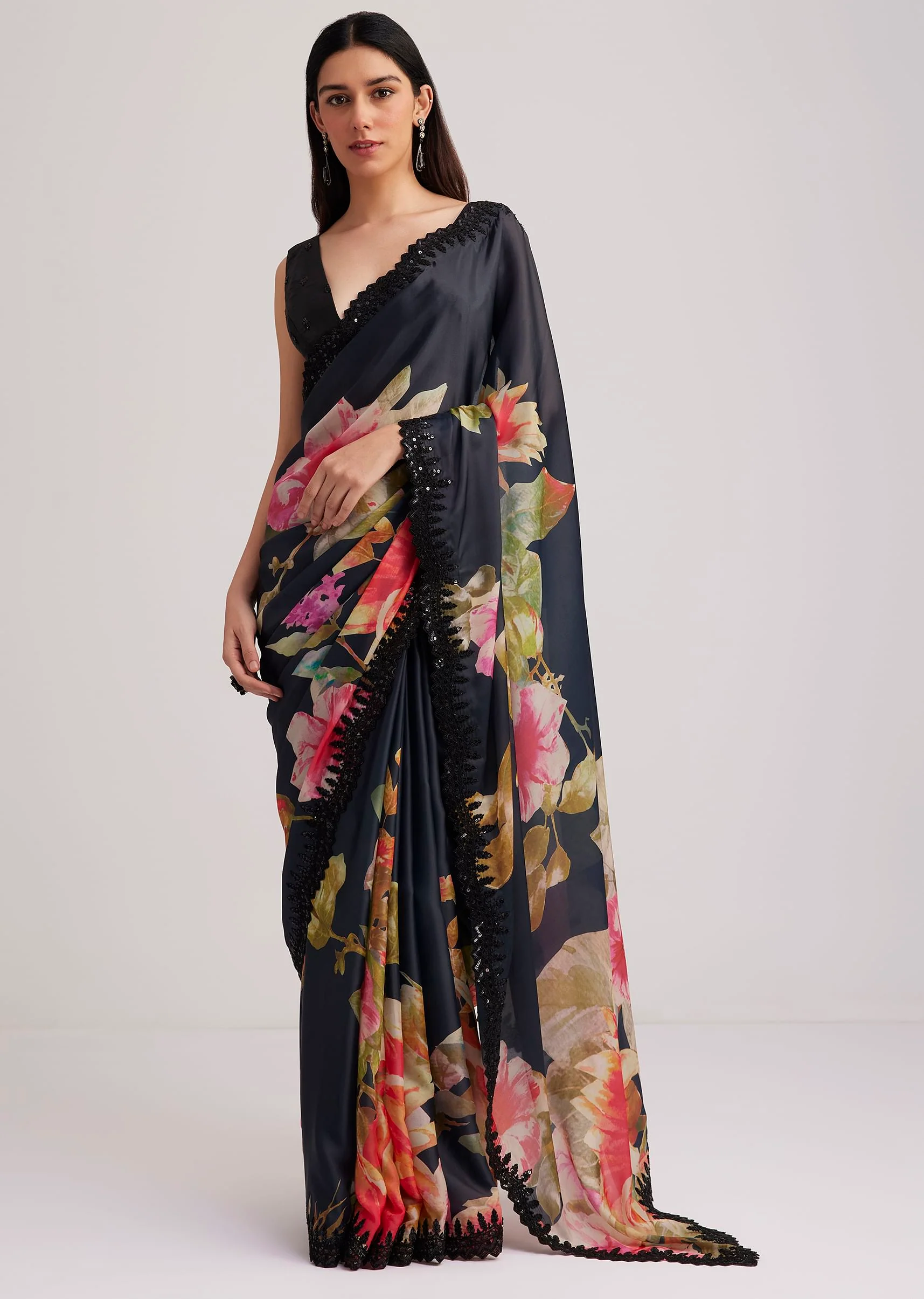 Black Floral Printed Satin Saree With Sequins Lace Border - Image 5