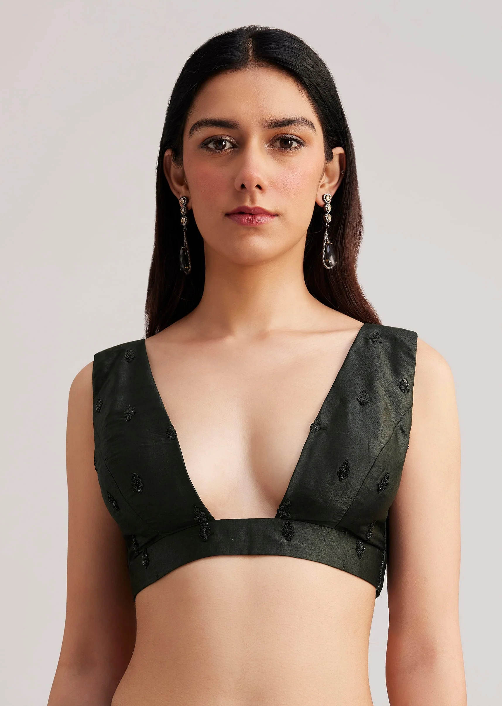 Black Floral Printed Satin Saree With Sequins Lace Border - Image 7