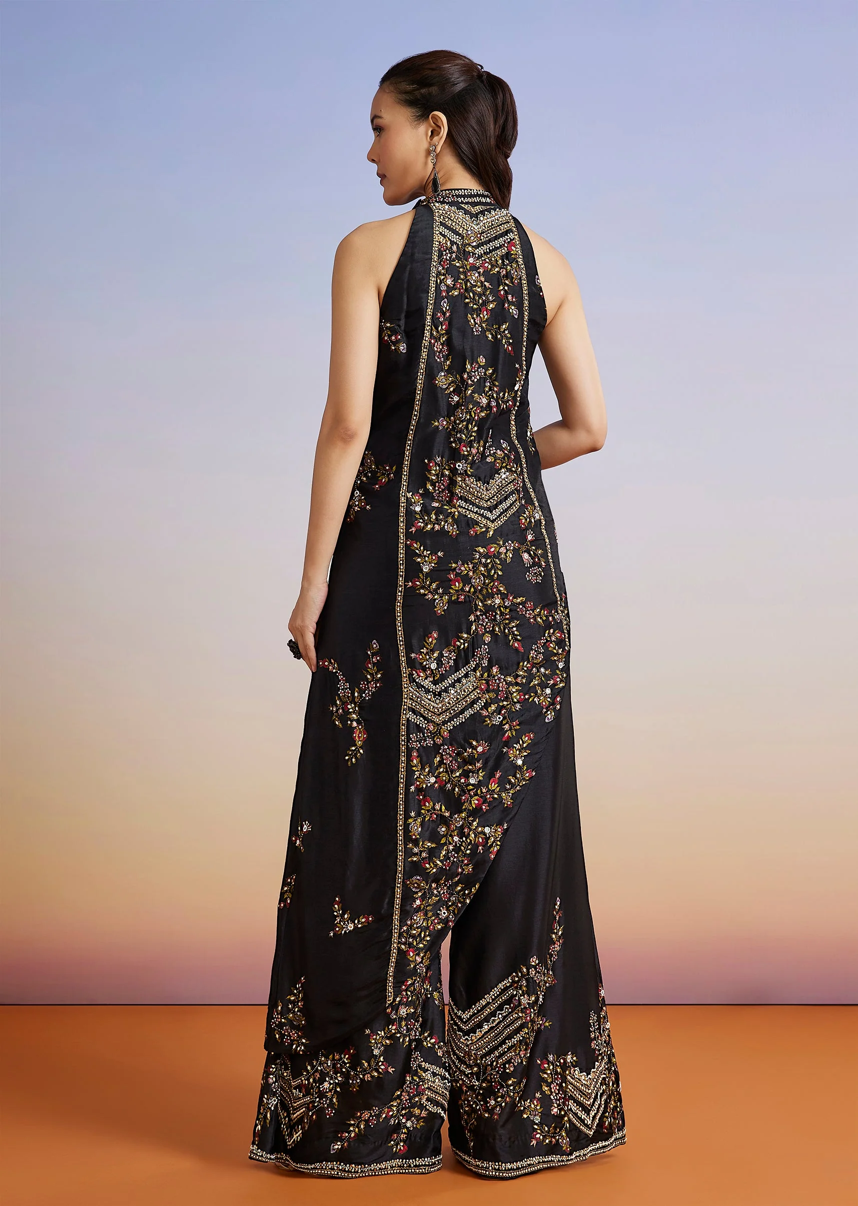 Black Floral Printed Silk Blend Co-ord Set - Image 6