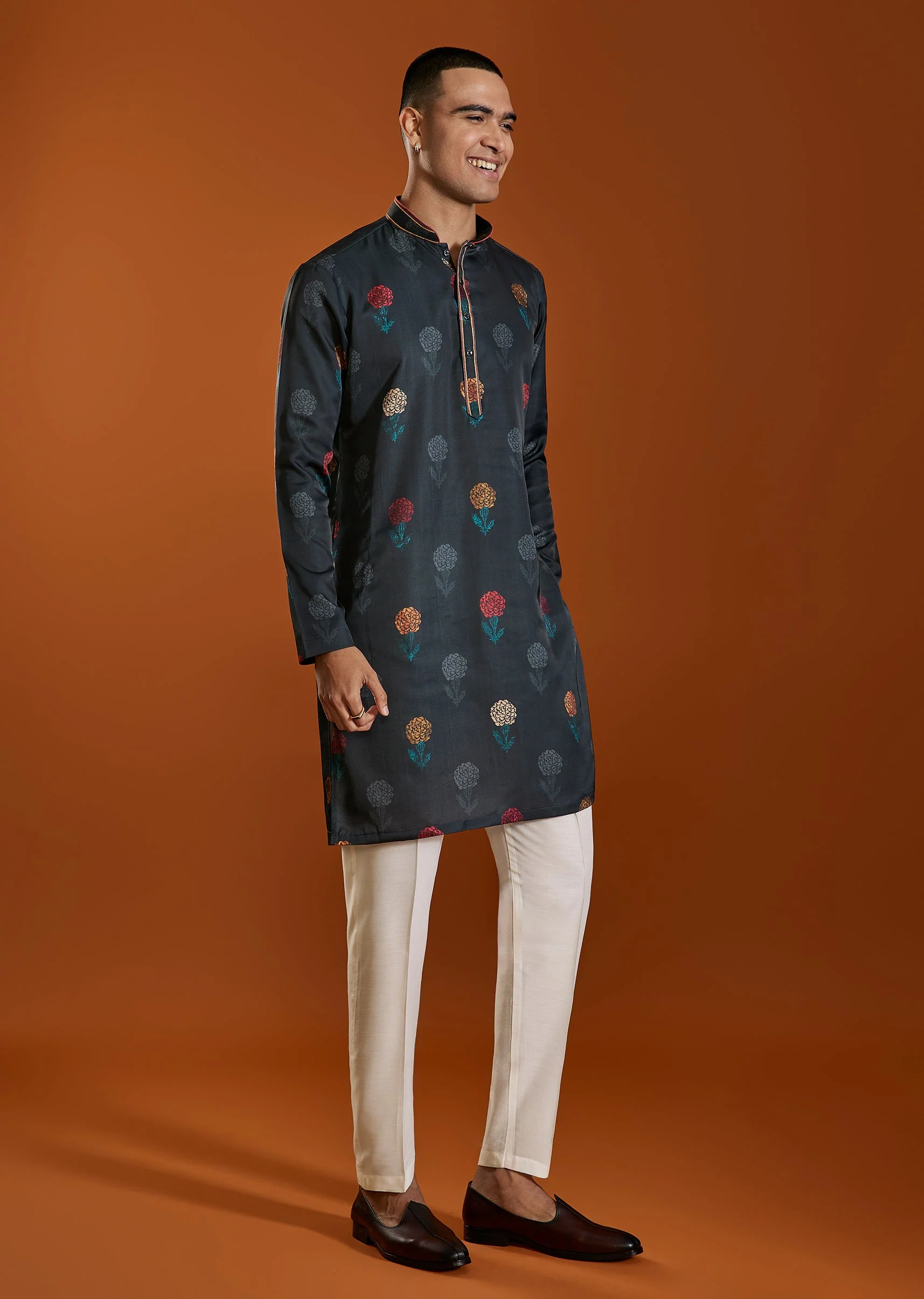 Black Flower Printed Viscose Kurta - Image 3