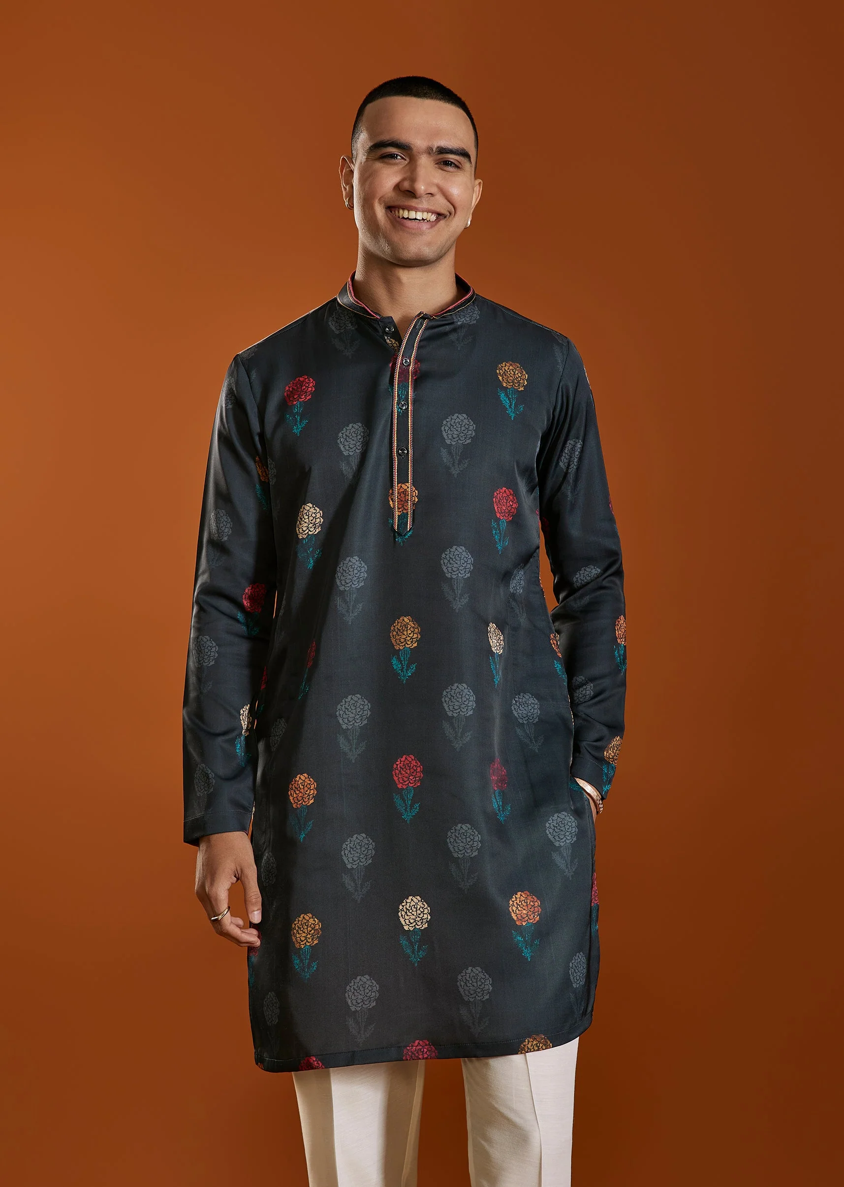 Black Flower Printed Viscose Kurta - Image 4