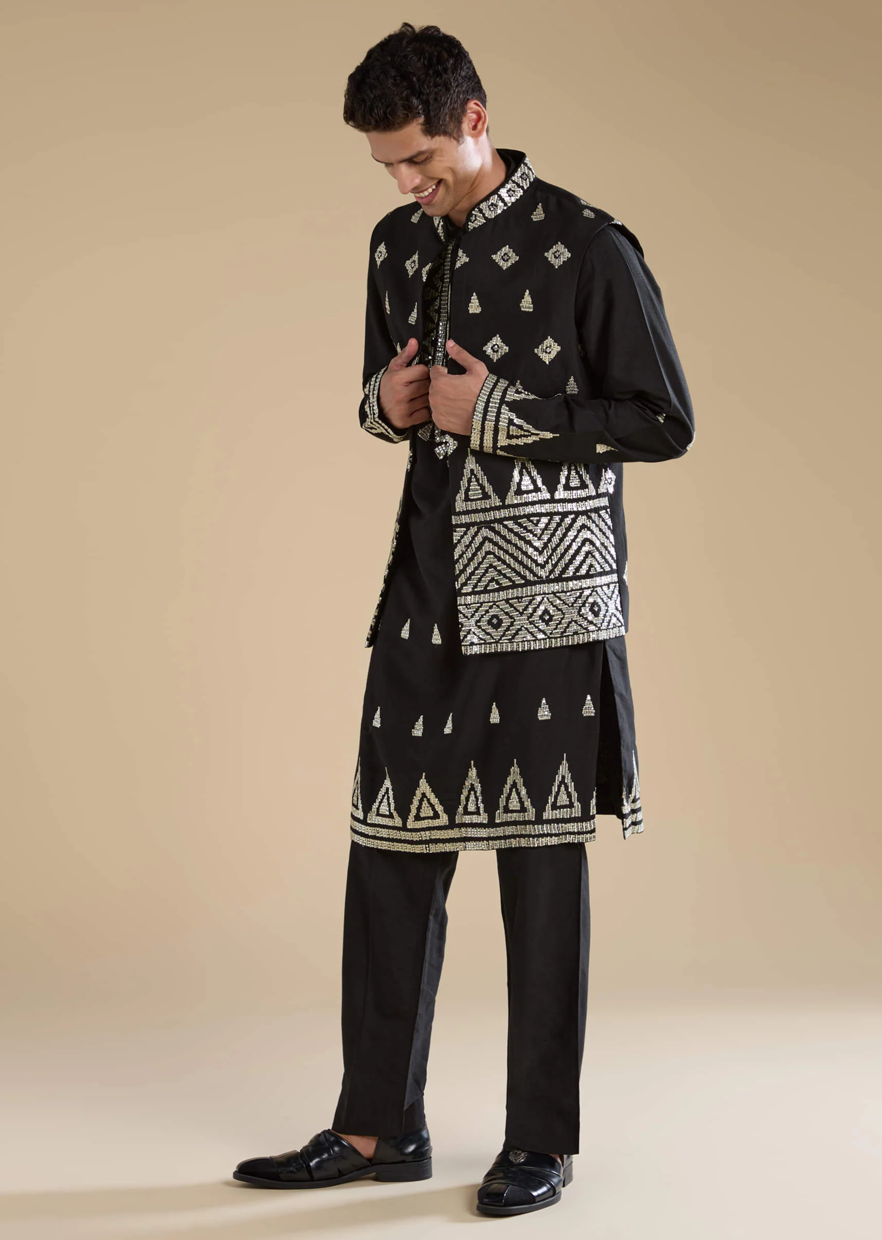 Black Foil Applique Mens Jacket Kurta and Pant Set - Image 3