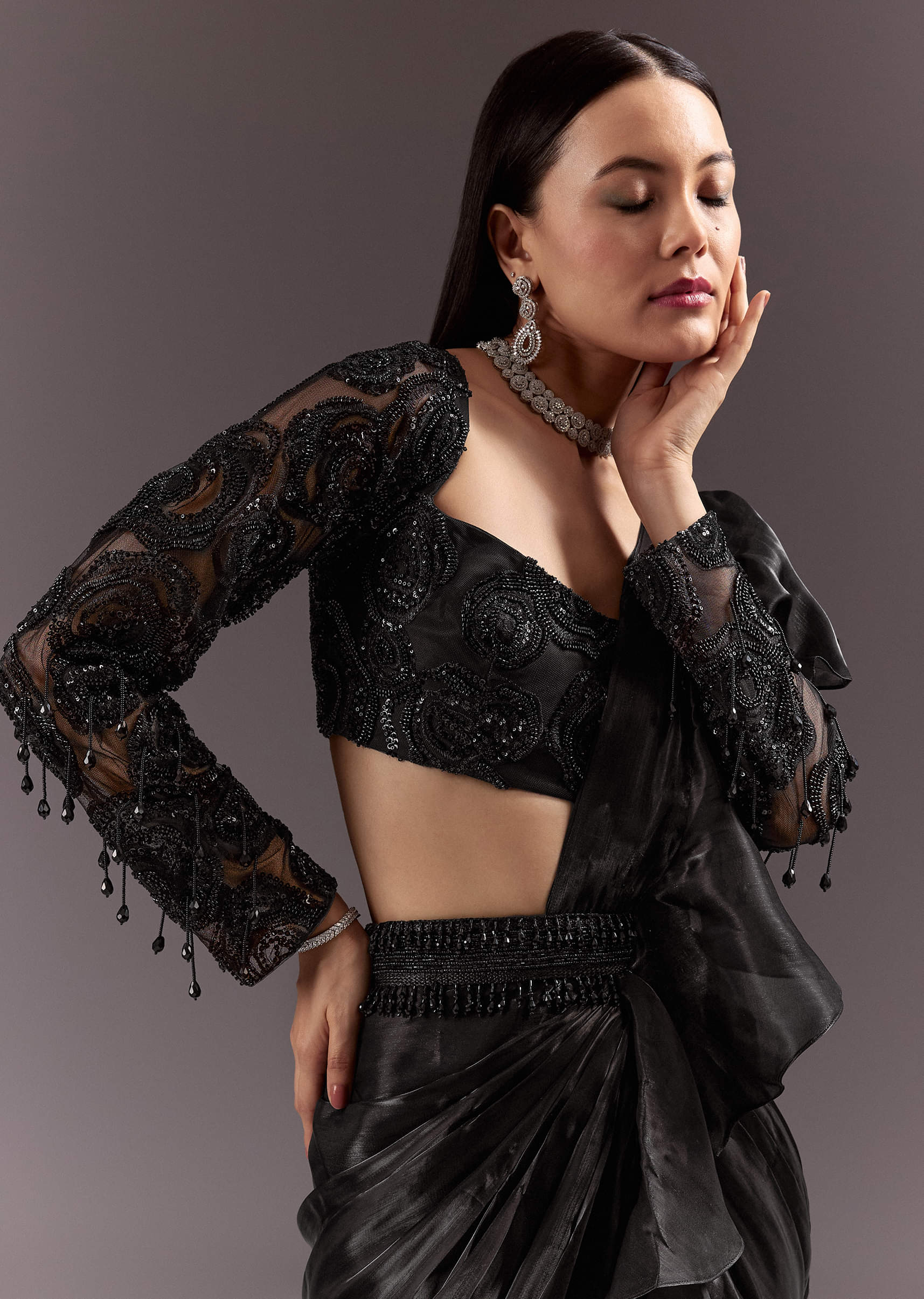Black Frill Ready Drape Cutdana Sequin Saree With Square Neck Blouse - Image 3