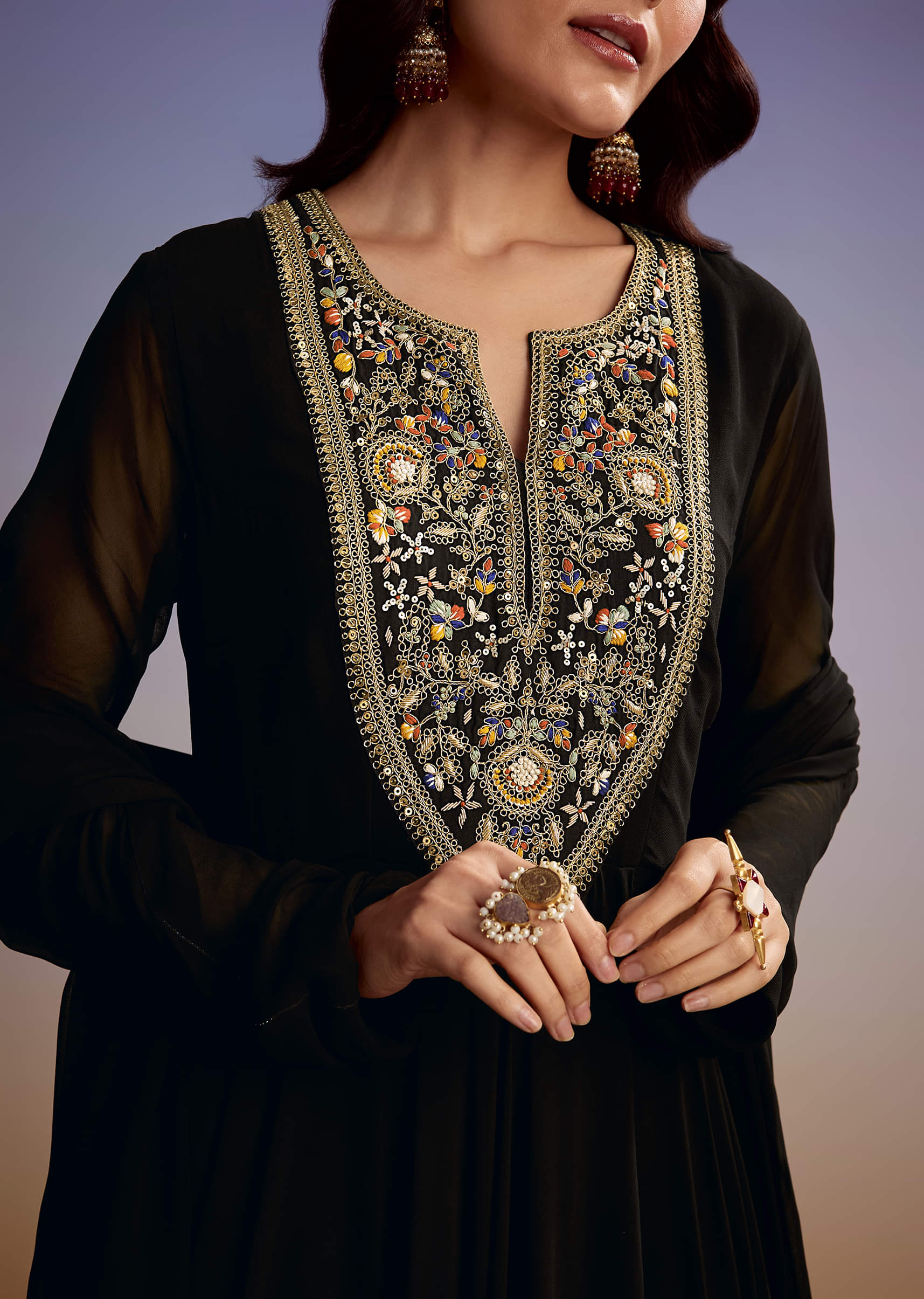 Black Georgette Anarkali Suit With Zari And Sequins Work - Image 2