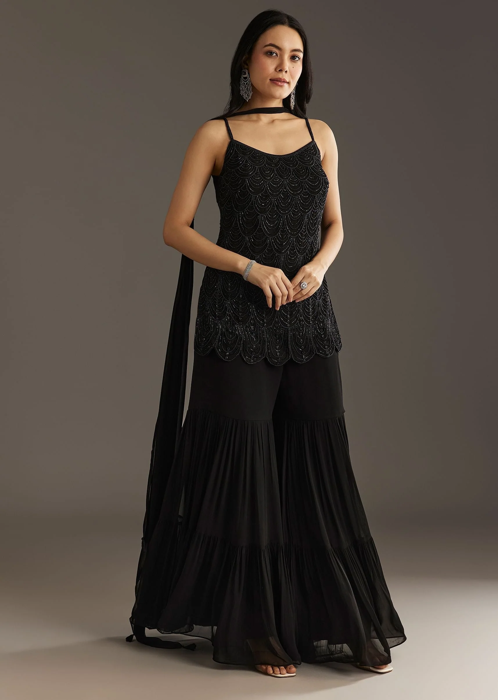 Black Georgette Kurta With Cut Dana And Moti Work And Tassel Dupatta - Image 2
