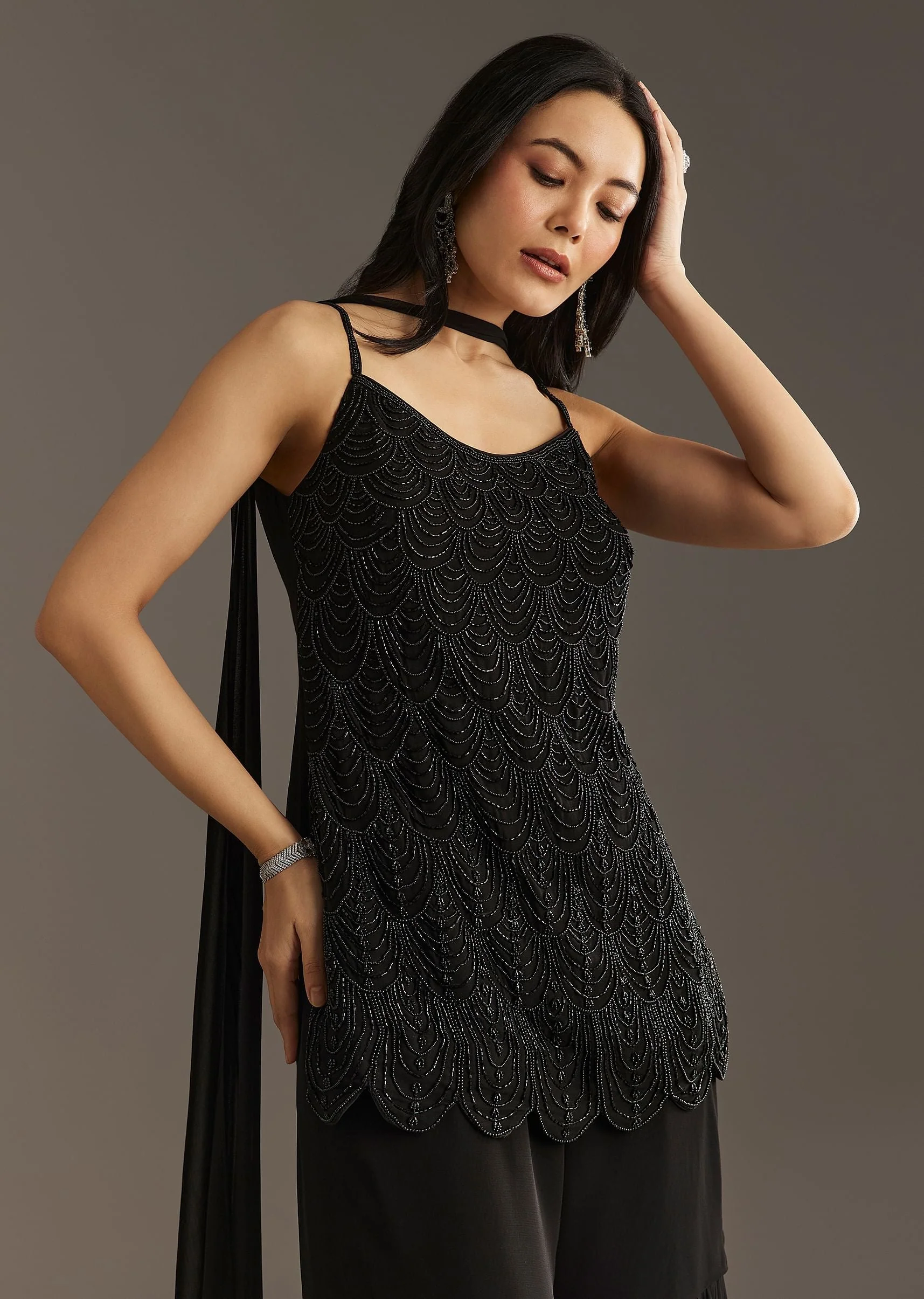 Black Georgette Kurta With Cut Dana And Moti Work And Tassel Dupatta - Image 3