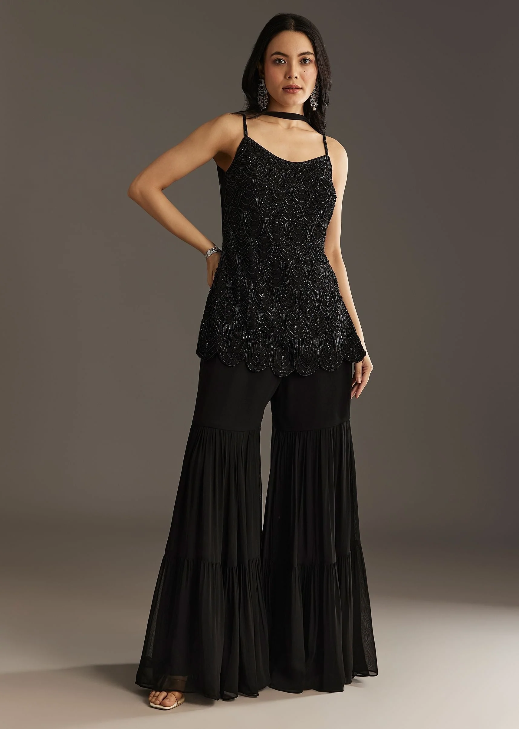 Black Georgette Kurta With Cut Dana And Moti Work And Tassel Dupatta - Image 4
