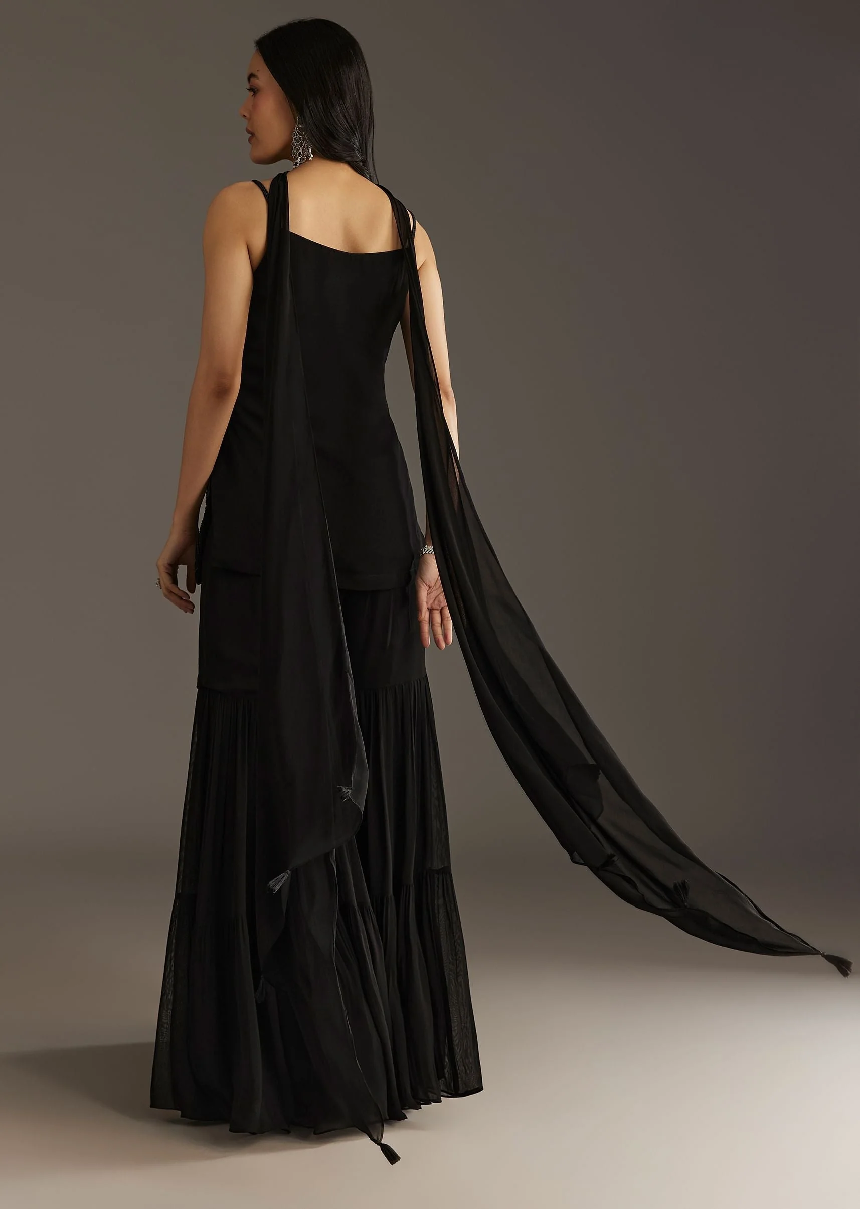 Black Georgette Kurta With Cut Dana And Moti Work And Tassel Dupatta - Image 5