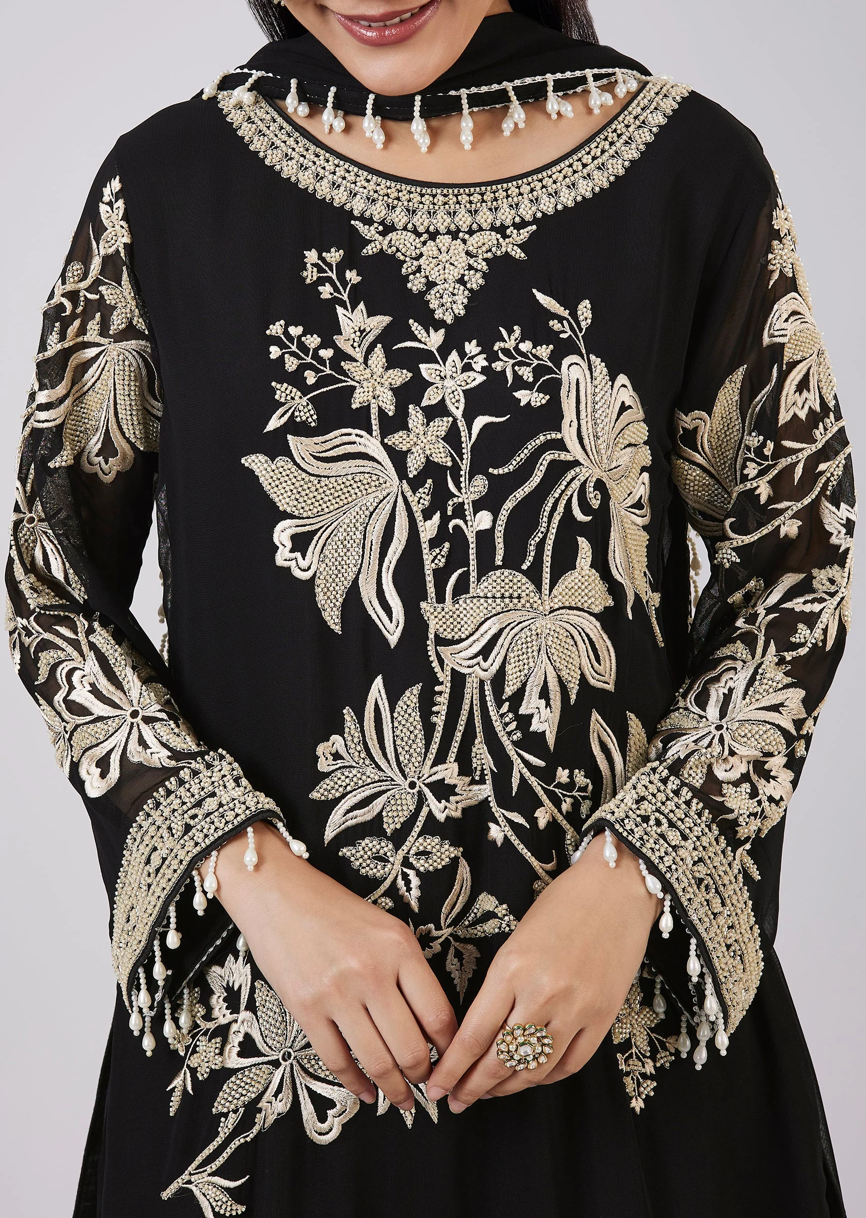 Black Georgette Palazzo Set With Resham Work - Image 2