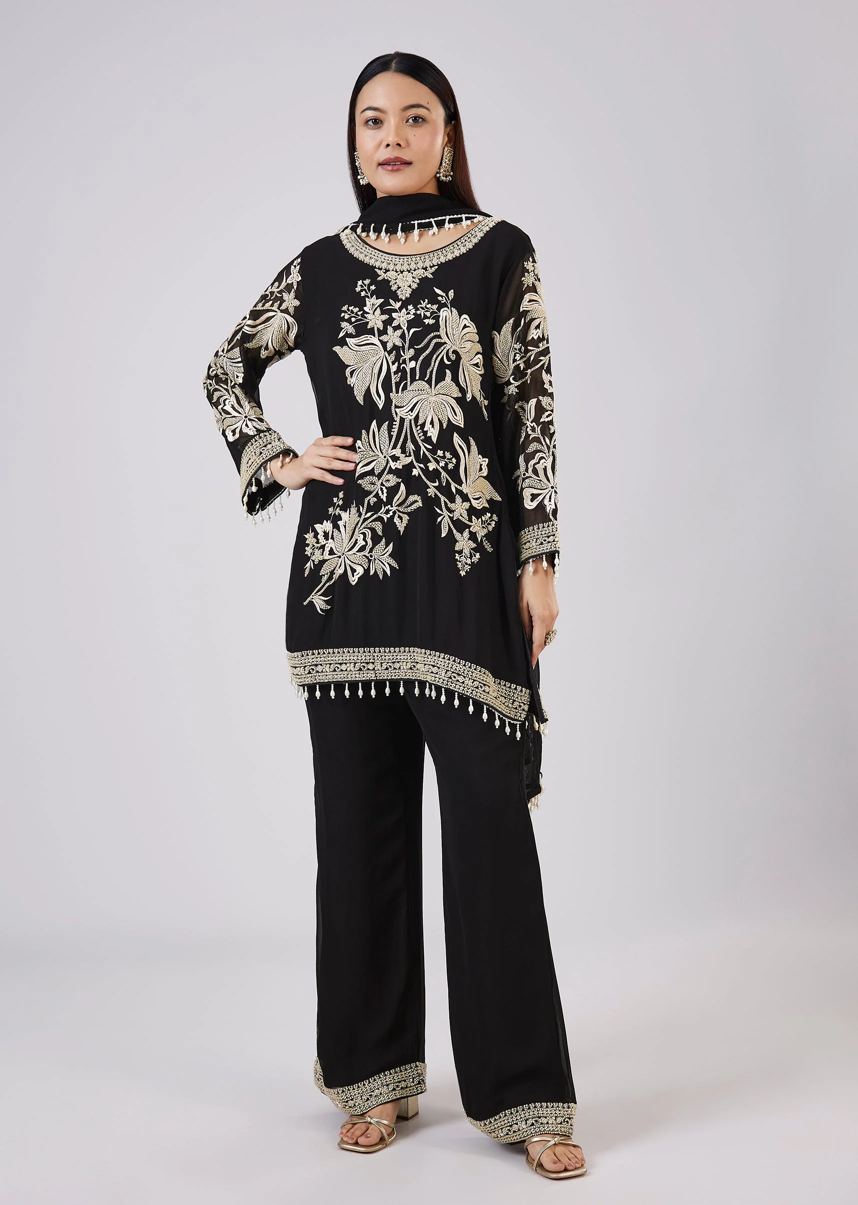 Black Georgette Palazzo Set With Resham Work - Image 3
