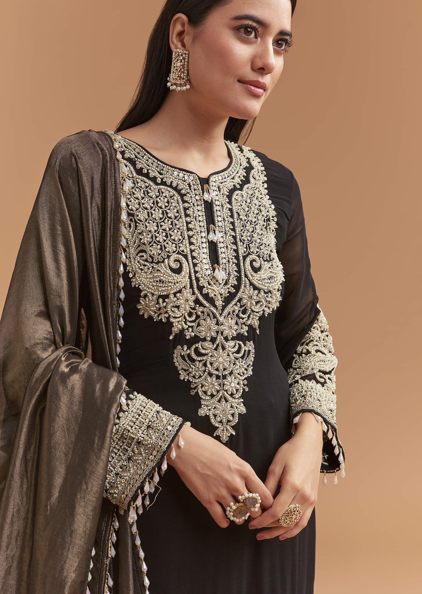 Black Georgette Palazzo Suit With Moti And Zari Work - Image 2