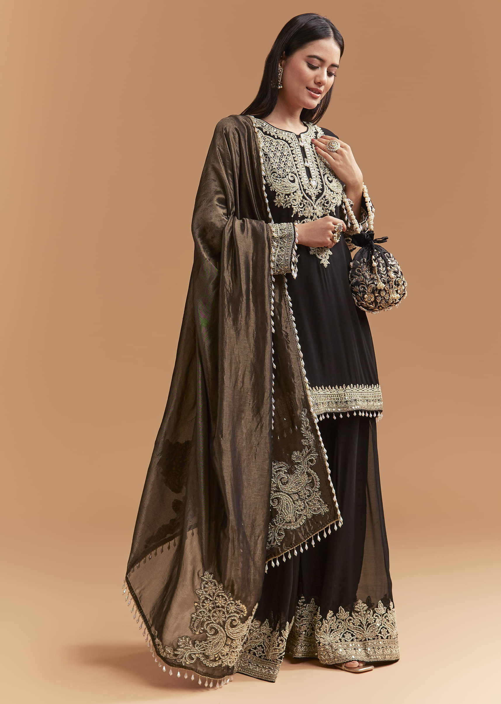 Black Georgette Palazzo Suit With Moti And Zari Work - Image 3