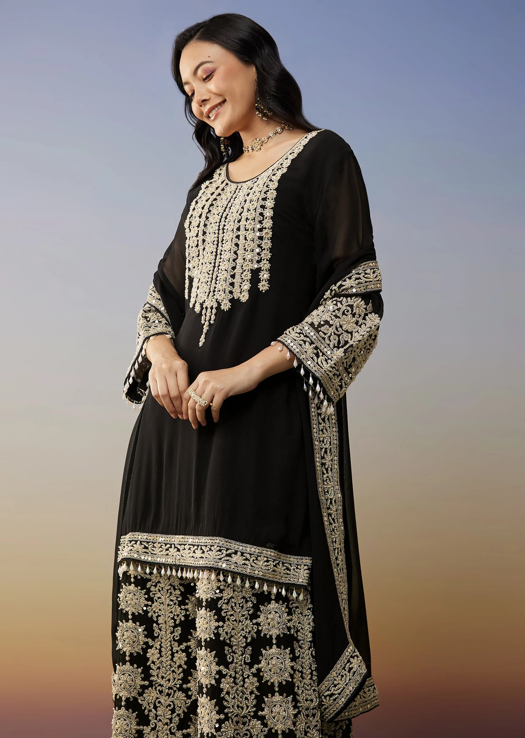 Black Georgette Palazzo Suits with Zari Work - Image 4