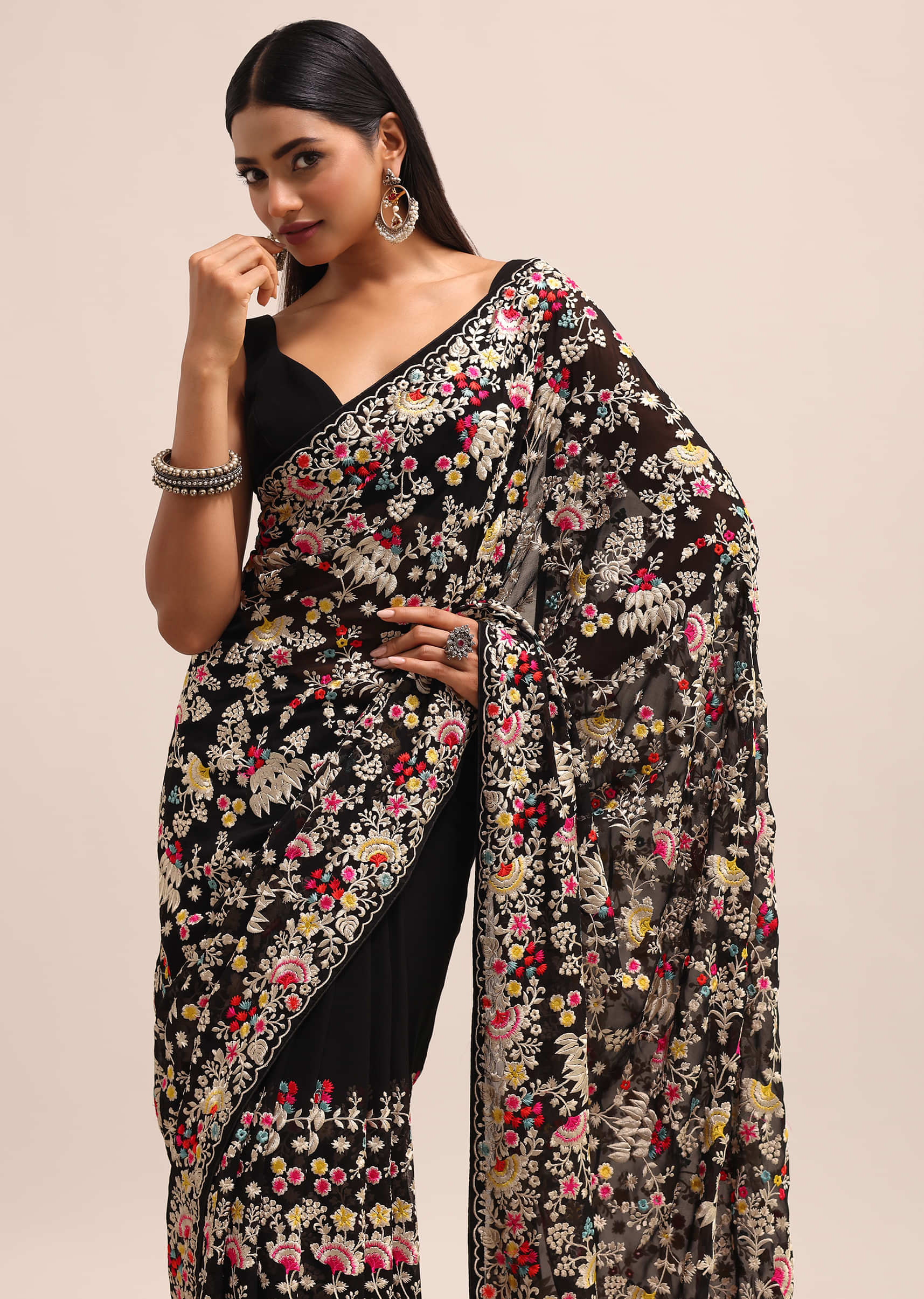 Black Georgette Parsi Gara Multi Color Saree With Unstitched Blouse - Image 2