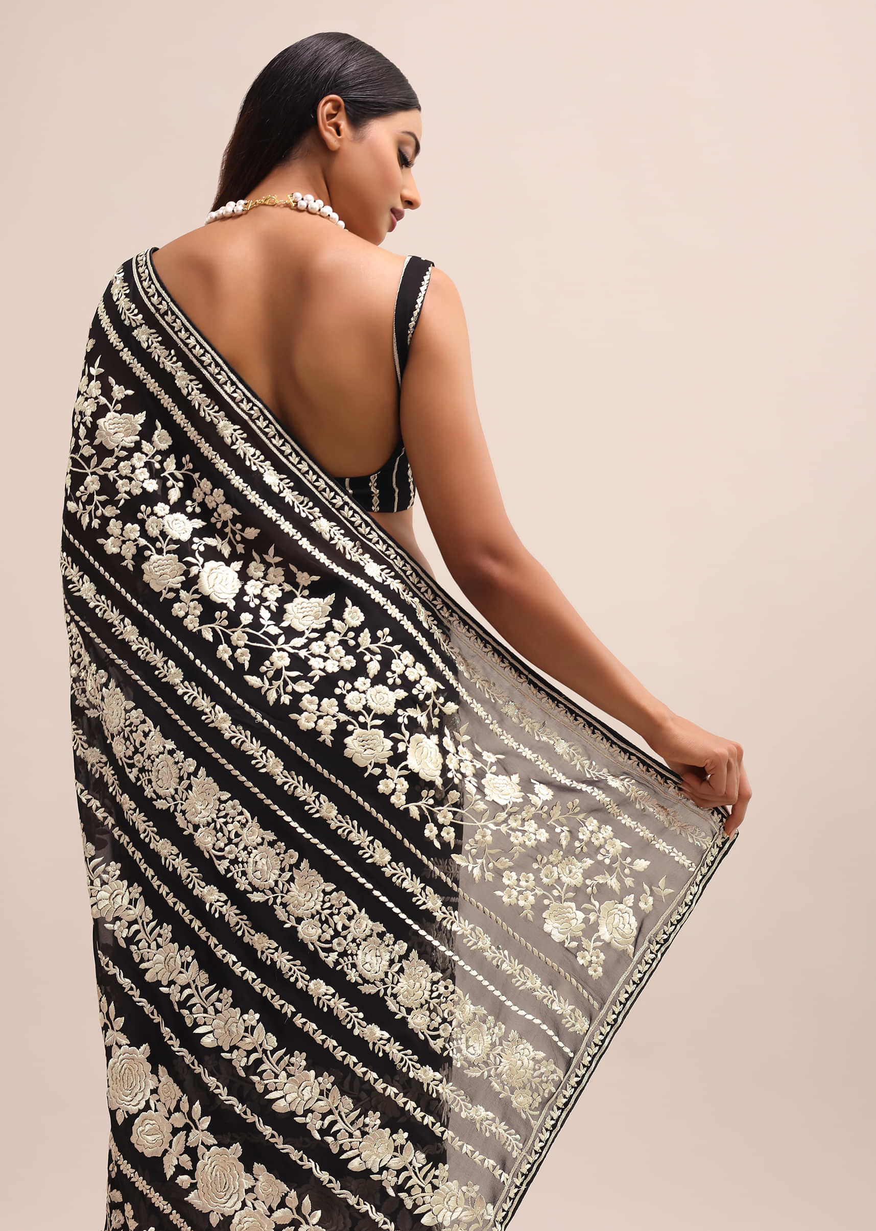 Black Georgette Parsi Gara Saree With Unstitched Blouse - Image 6
