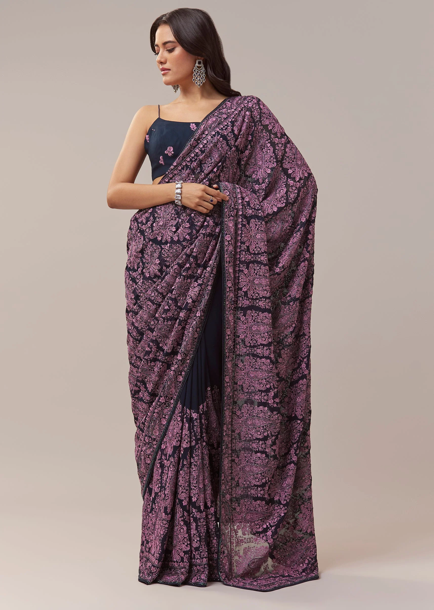 Black Georgette Saree With Kashmiri Kashida Embroidery And Cutdana Border - Image 3