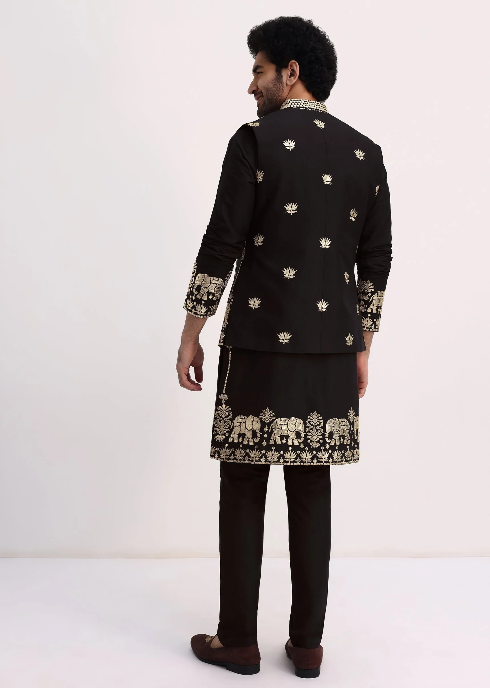 Black Gold Foil Apllique Work Kurta Jacket Set - Image 5