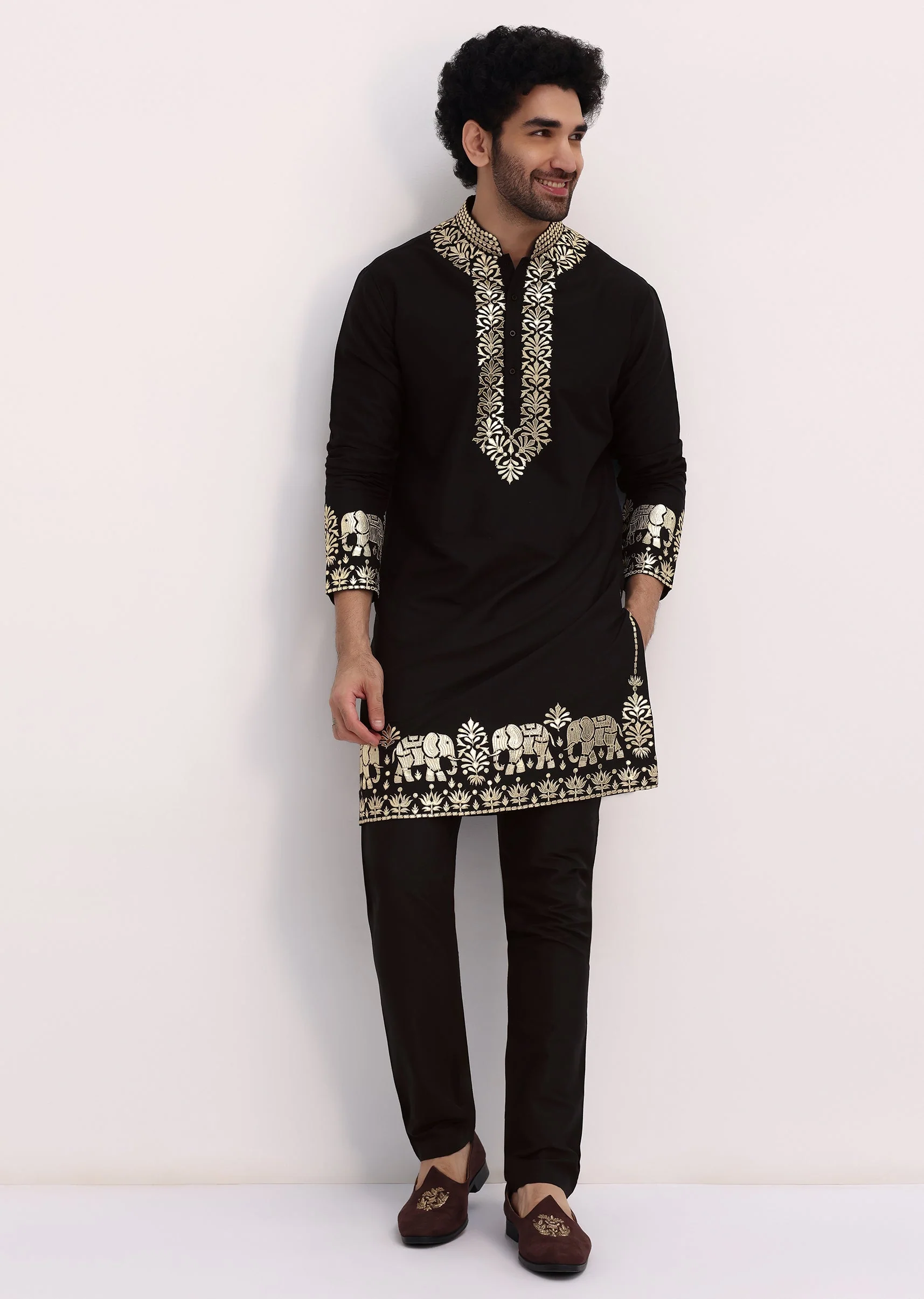 Black Gold Foil Apllique Work Kurta Jacket Set - Image 6