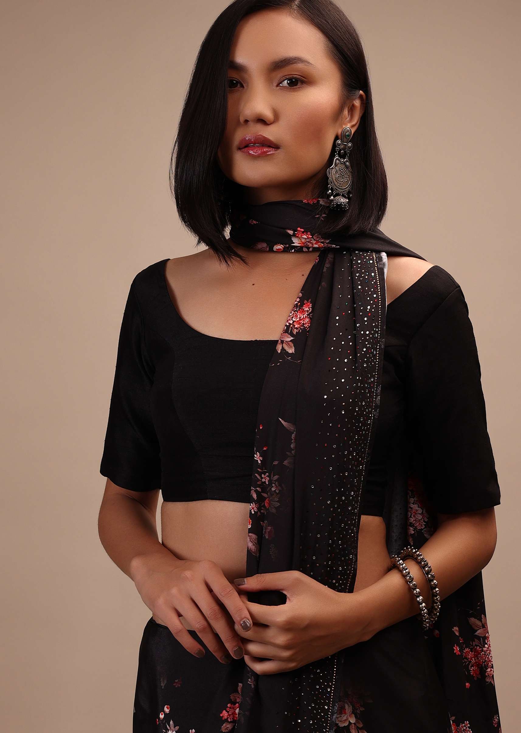 Black Half-Sleeveless Blouse In Scallop Neckline Raw Silk With Back Hook Closure.Padded With A Straight  Hemline