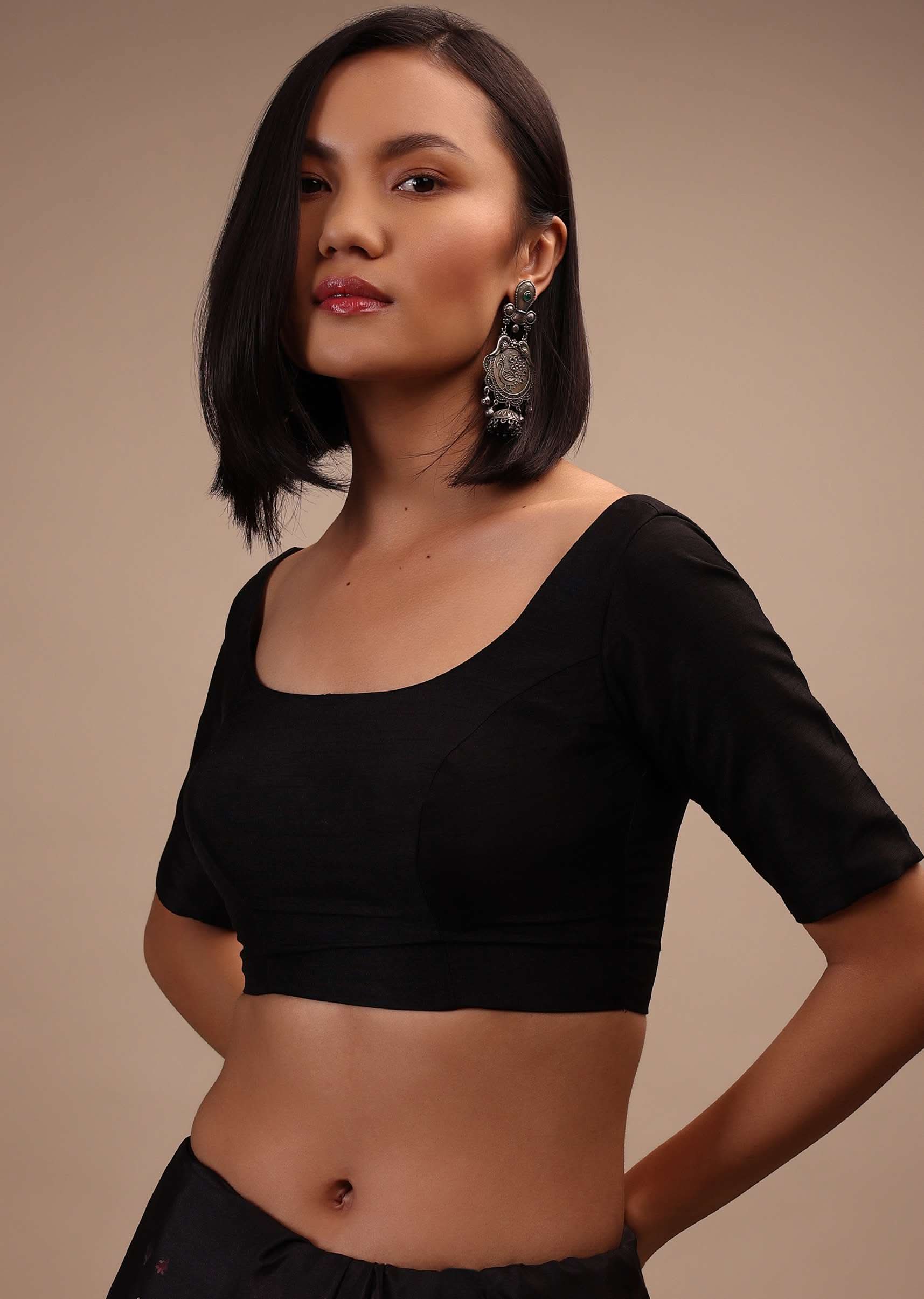 Black Half-Sleeveless Blouse In Scallop Neckline Raw Silk With Back Hook Closure.Padded With A Straight  Hemline - Image 3