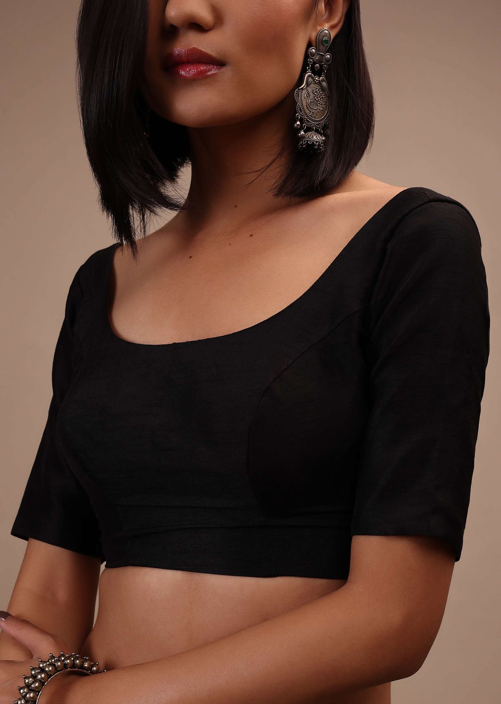 Black Half-Sleeveless Blouse In Scallop Neckline Raw Silk With Back Hook Closure.Padded With A Straight  Hemline - Image 4