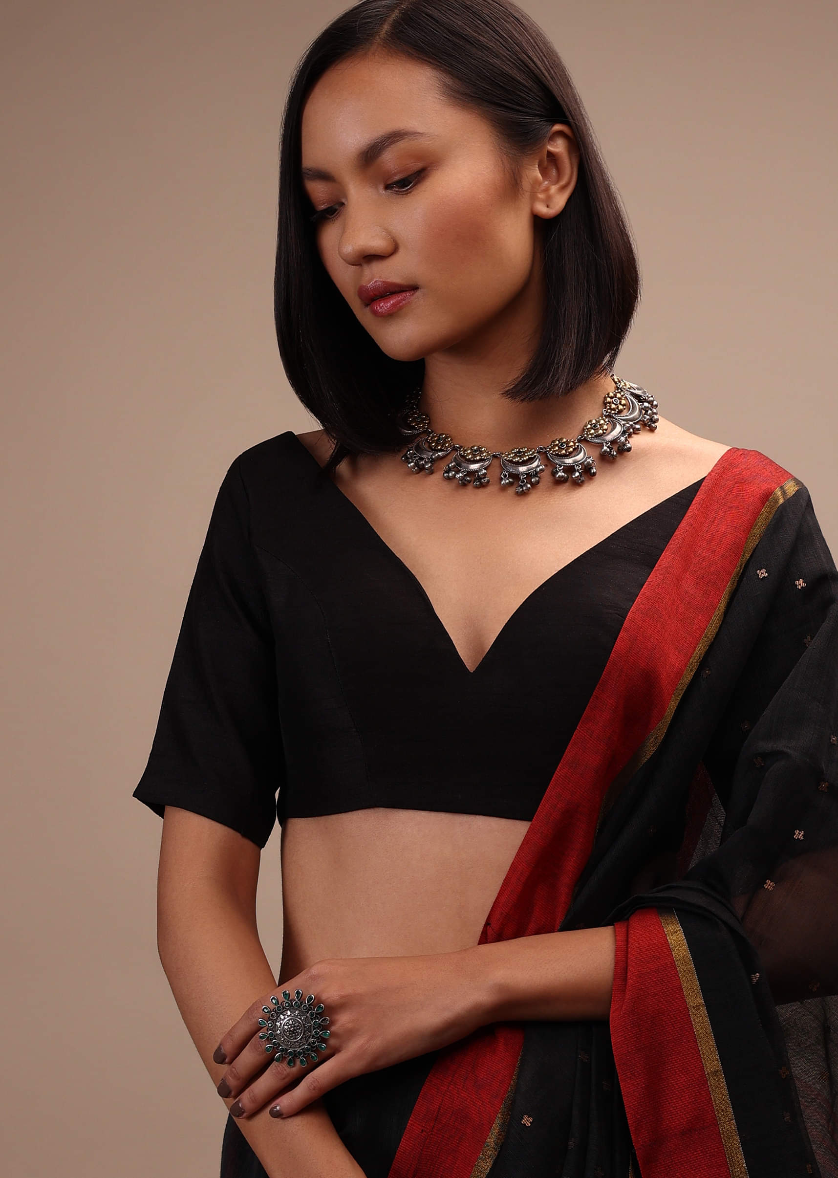 Black Half Sleeves Blouse In Curved V-Neckline Tie-Up Tassel Dori With Back Hook Closure - Image 5