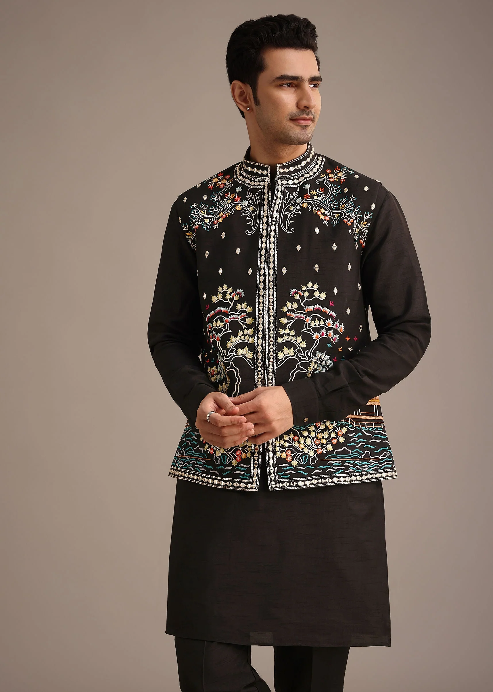 Black Hand Embellished Mirror Work Jacket And Kurta Set In Silk - Image 4