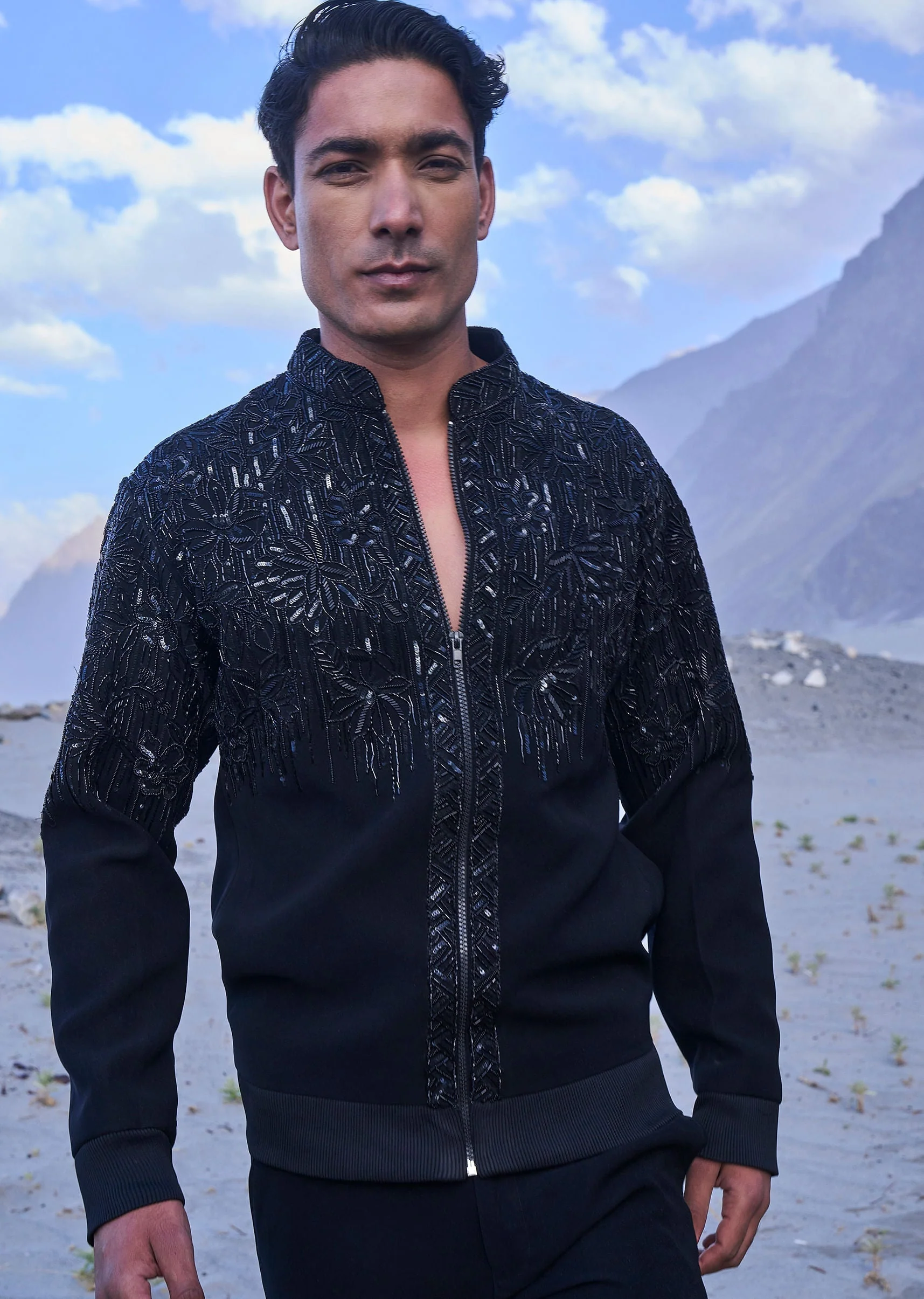 Black Hand Embroidered Full Sleeve Bomber Jacket And Pants - Image 2
