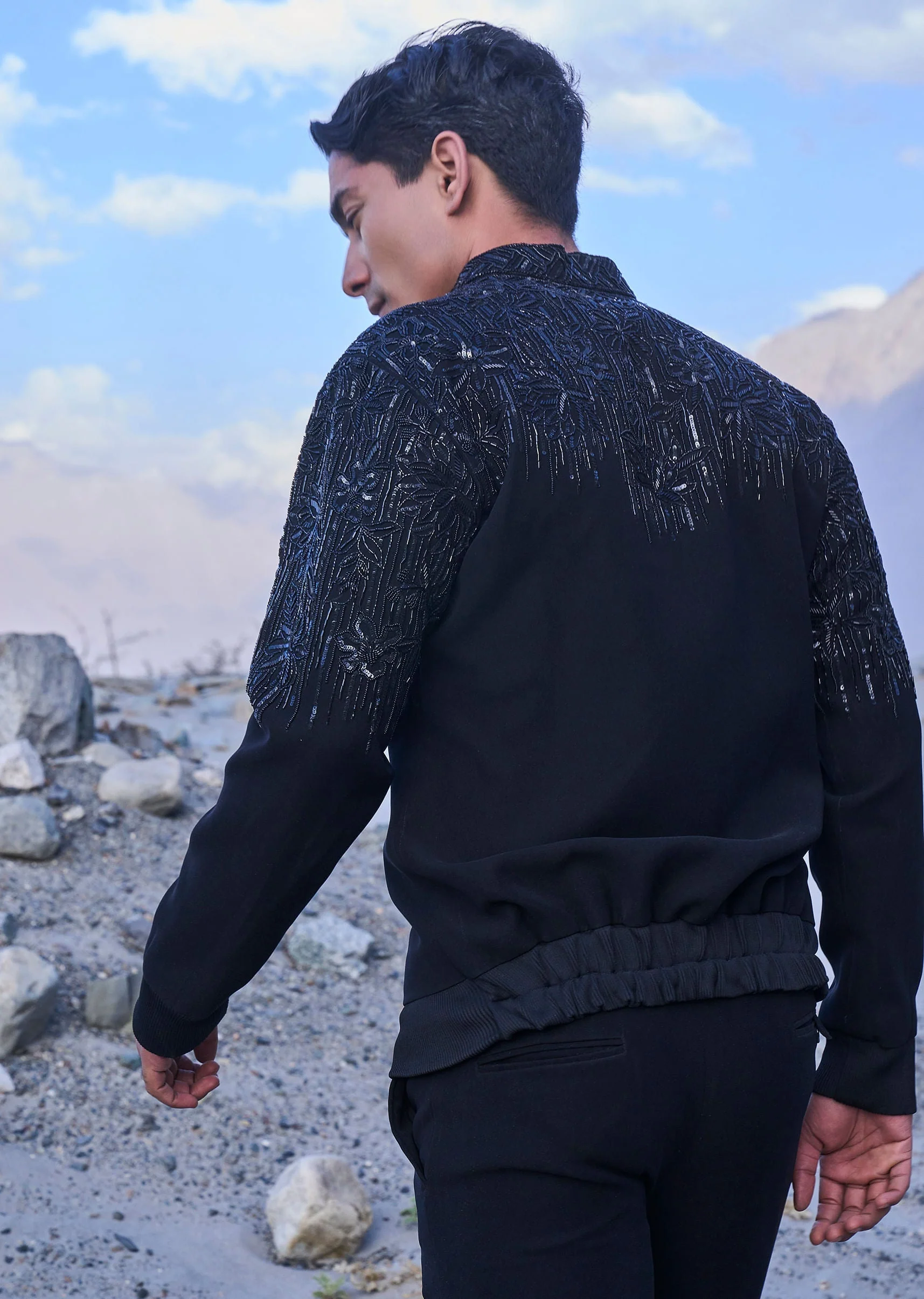 Black Hand Embroidered Full Sleeve Bomber Jacket And Pants - Image 5